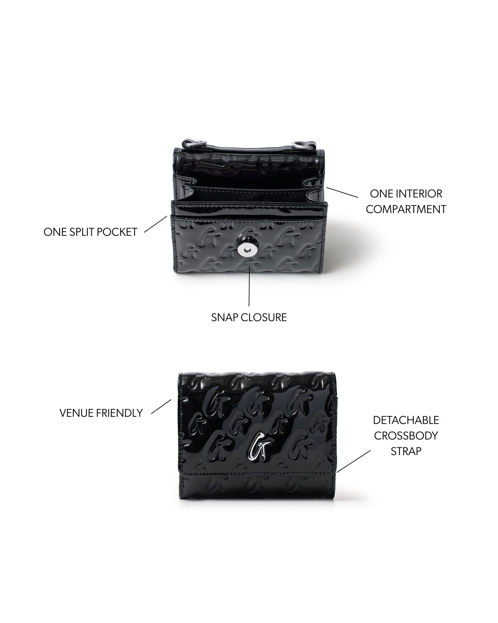 Compact monogram silver wallet on chain in mirror black with one interior compartment, split pocket, and detachable strap.
