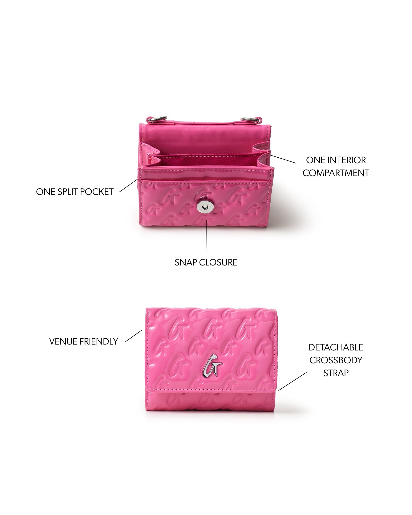 Hot pink monogram compact wallet on chain with snap closure, split pocket, and detachable crossbody strap.