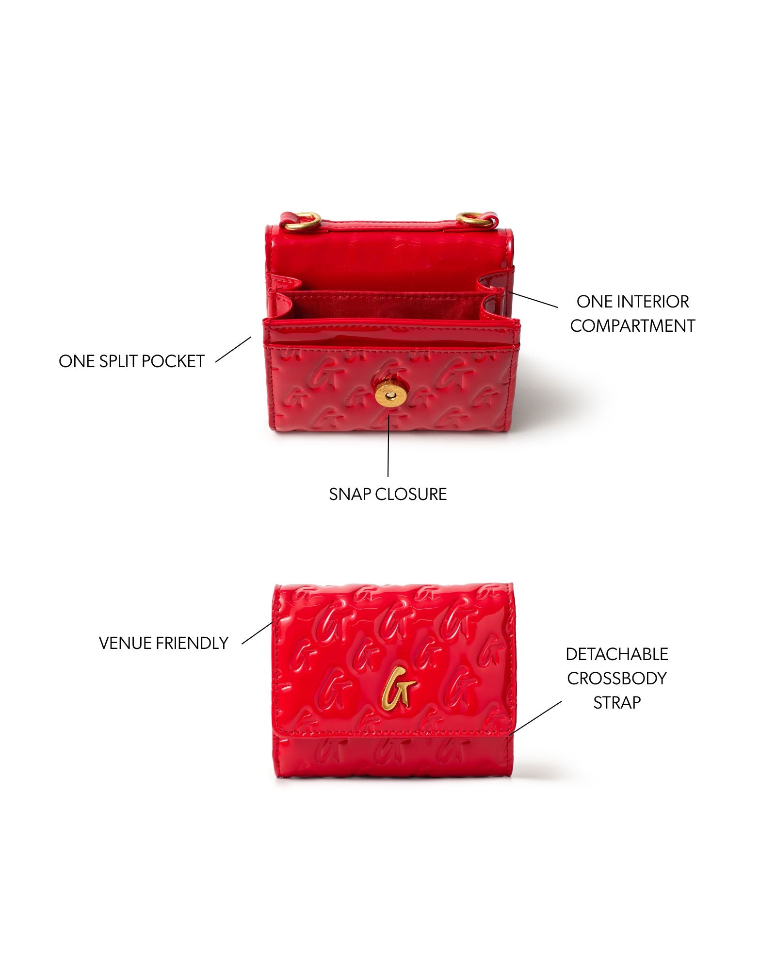 Red compact wallet on chain featuring monogram design, snap closure, split pocket, and detachable crossbody strap.