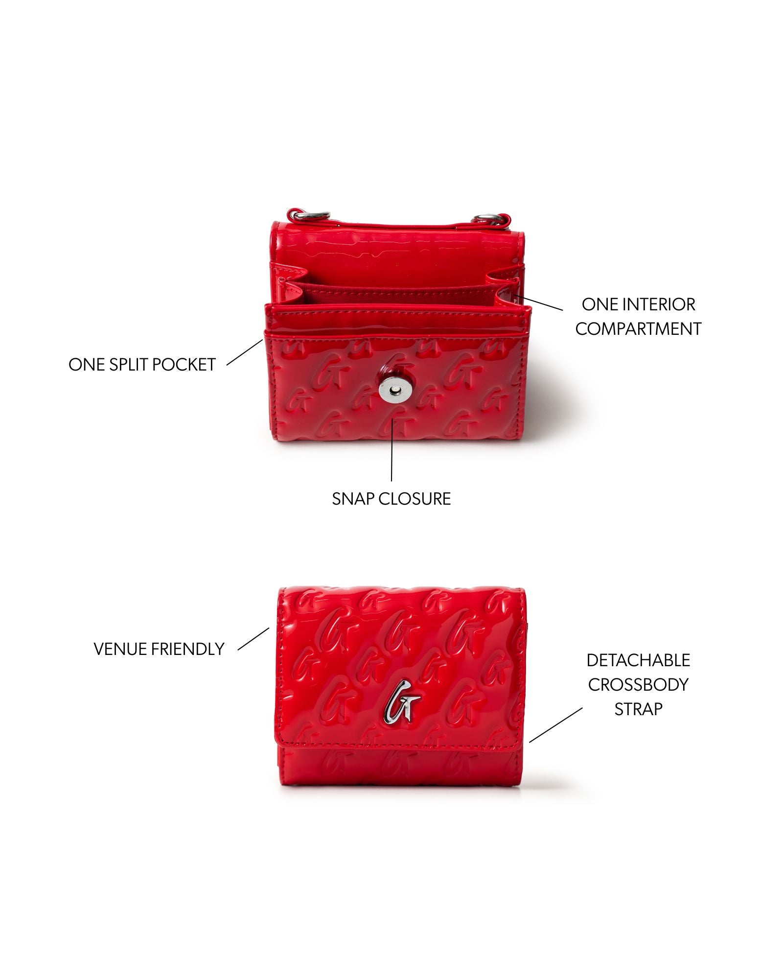 Red monogram compact wallet on chain featuring a snap closure, one interior compartment, and a detachable crossbody strap.