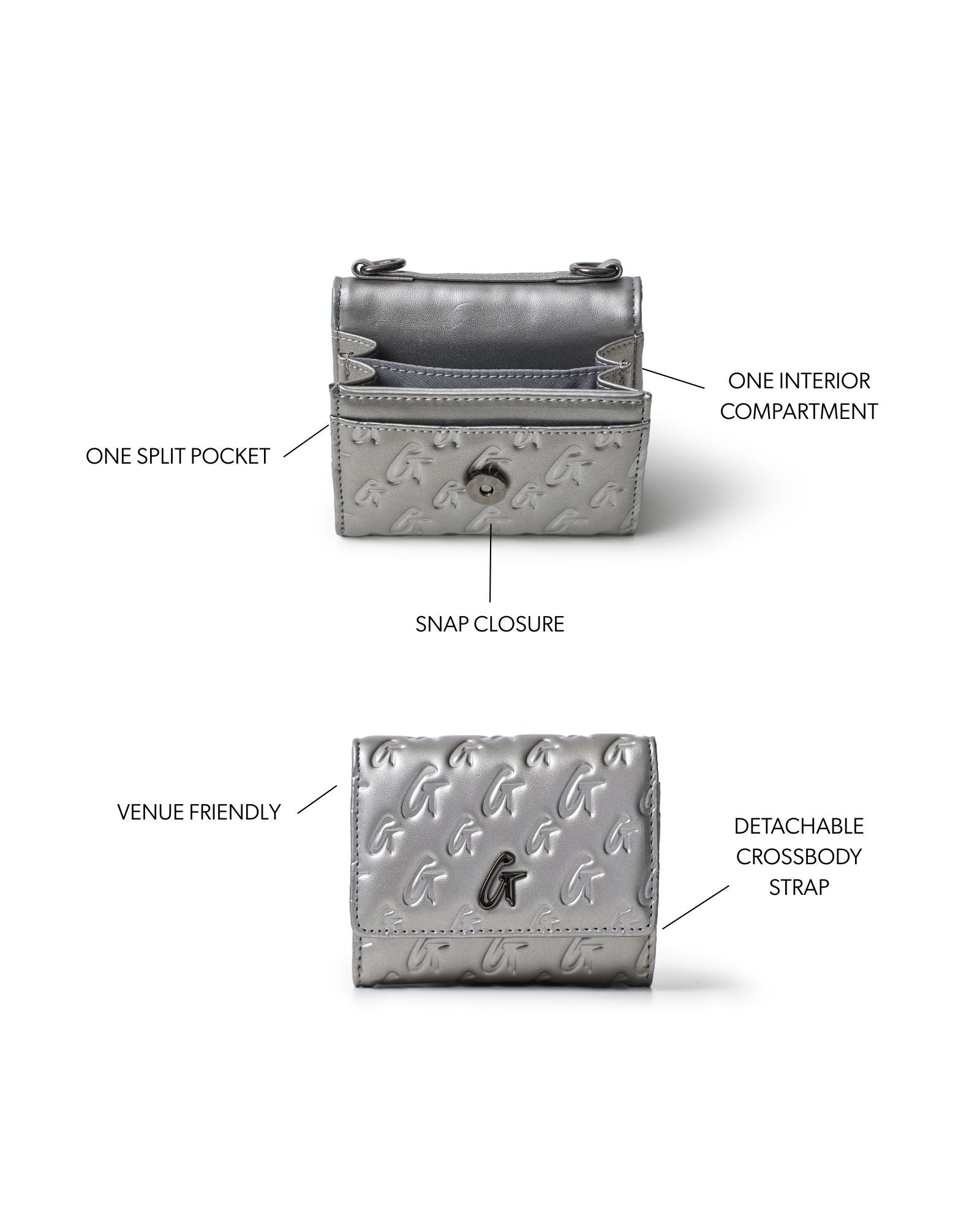 Compact gunmetal wallet on chain with monogram design, featuring a snap closure, split pocket, and detachable strap.