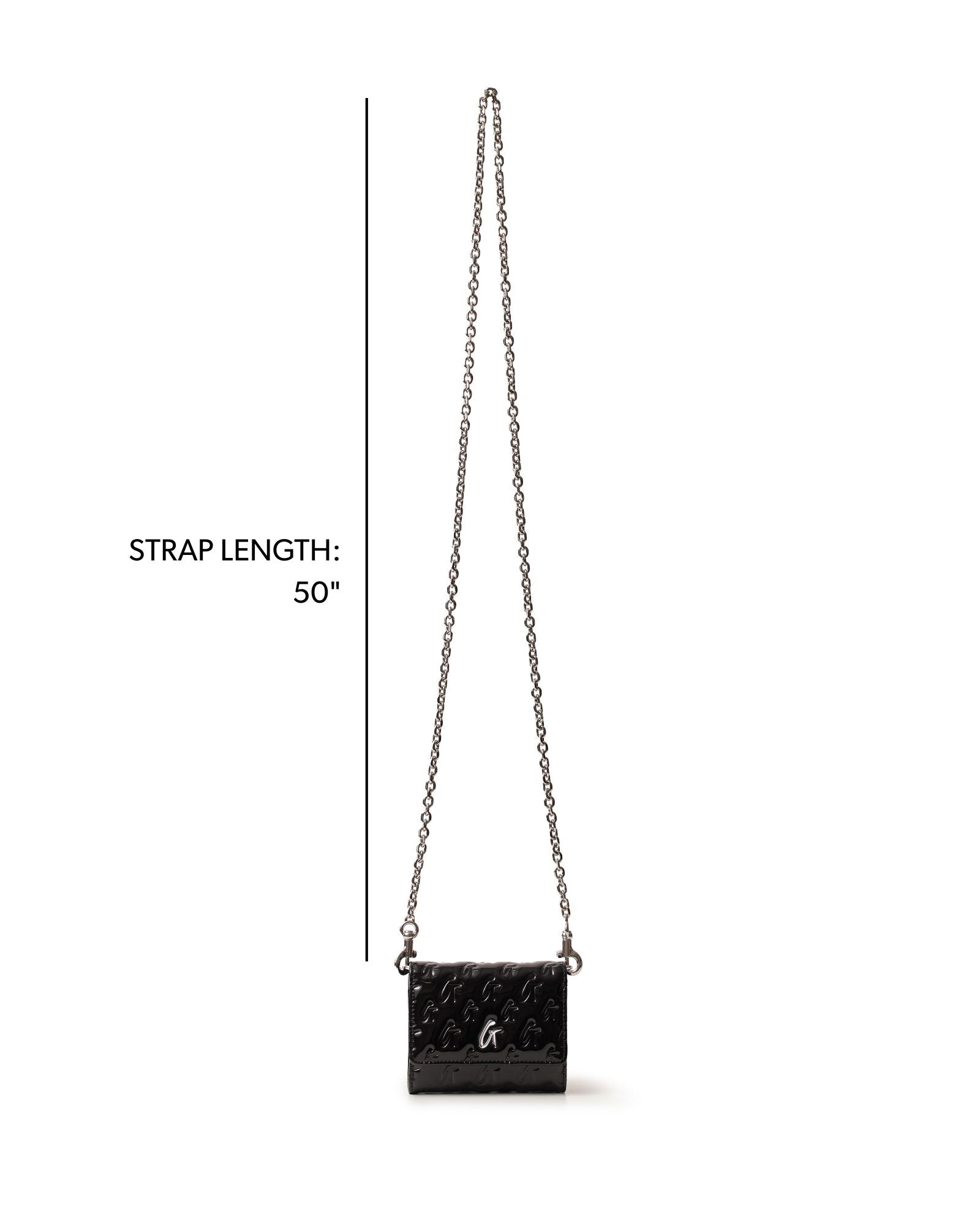 Monogram silver compact wallet on a chain in mirror black with a 50-inch strap, perfect for stylish convenience.