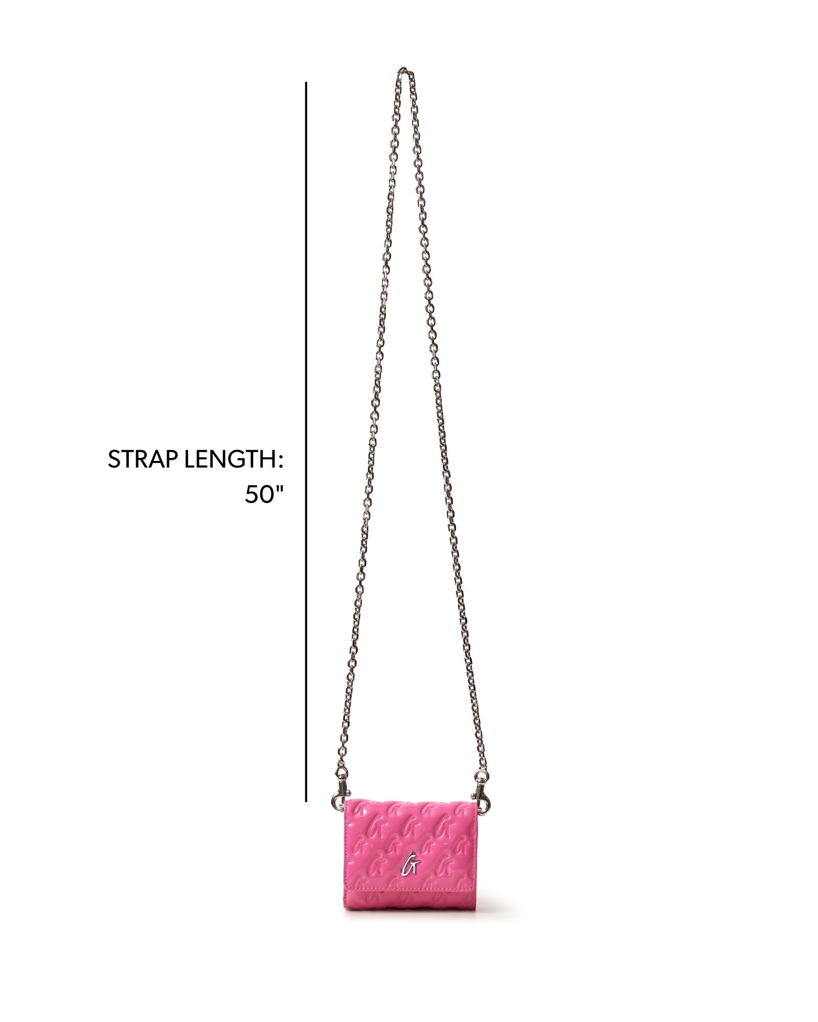 Hot pink compact wallet on a chain with a monogram design and a 50-inch strap, perfect for stylish on-the-go use.