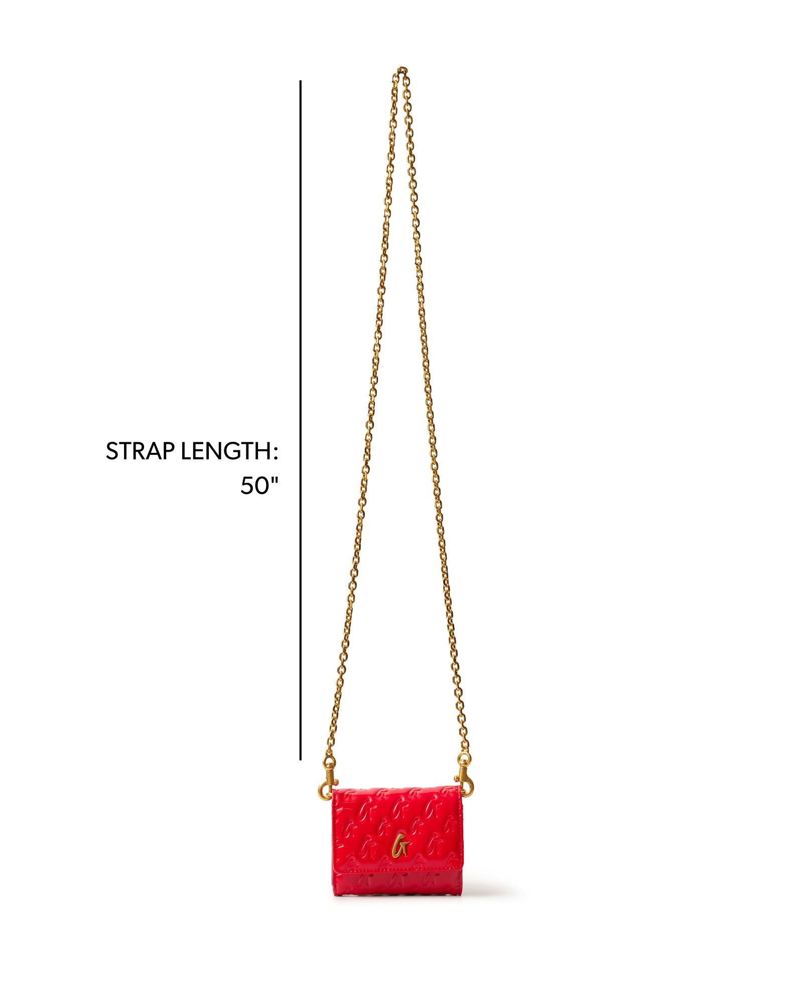 Compact red crossbody bag with gold monogram detail and a 50-inch chain strap, perfect for stylish, on-the-go use.