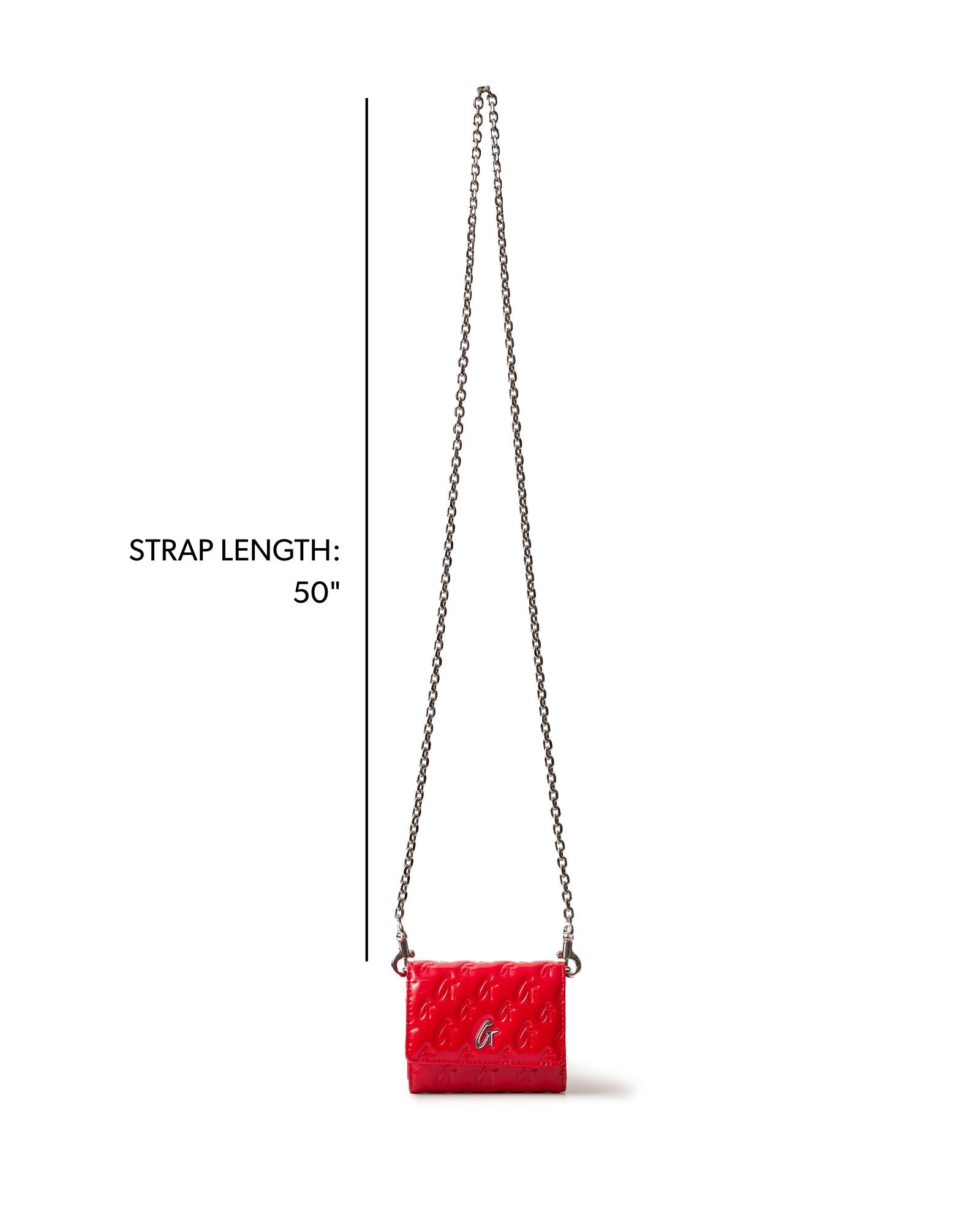 Monogram silver compact WOC in mirror red with a 50-inch chain strap, perfect for stylish, on-the-go convenience.