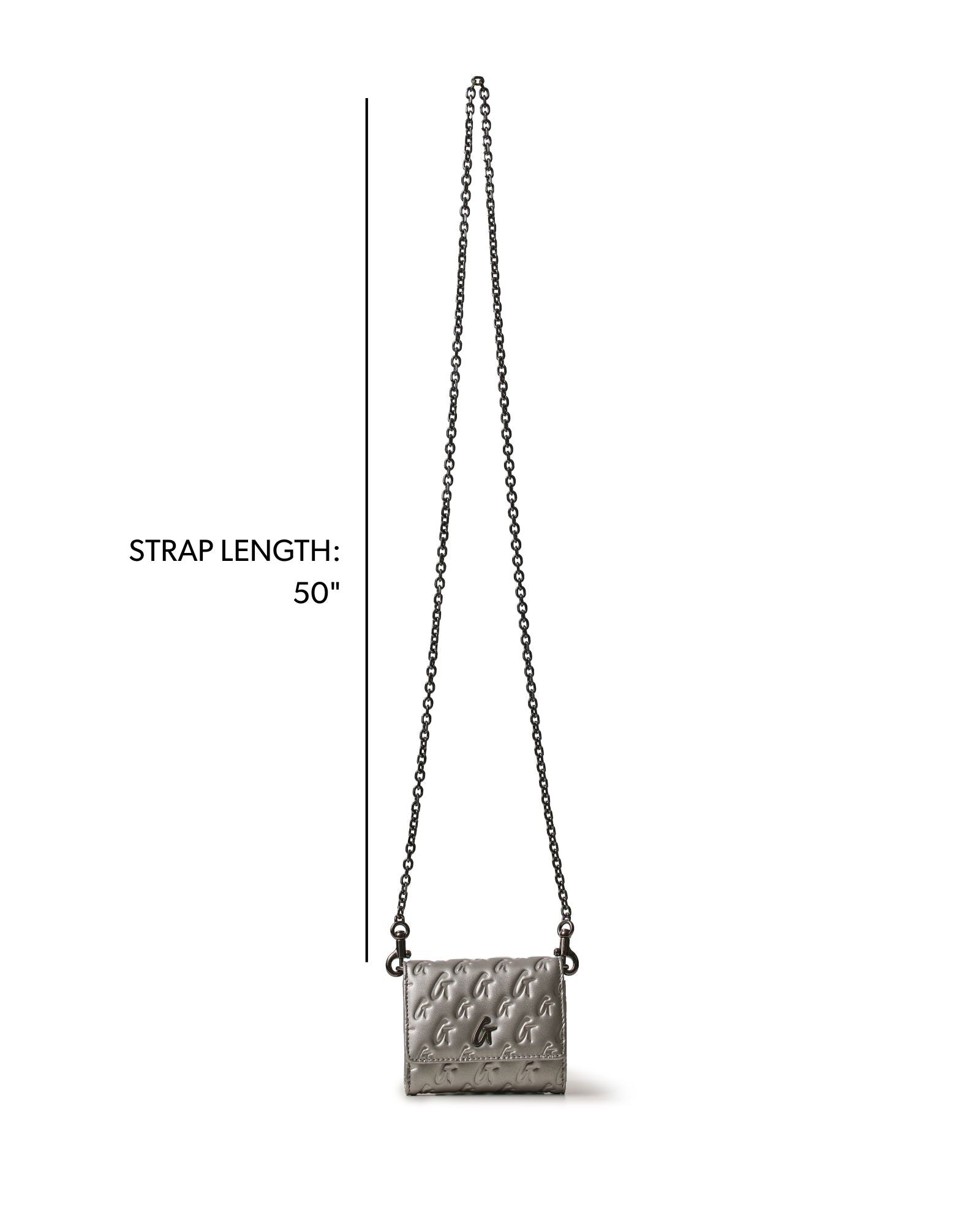 Gunmetal compact wallet on a chain with monogram design, featuring a 50-inch strap for versatile styling.