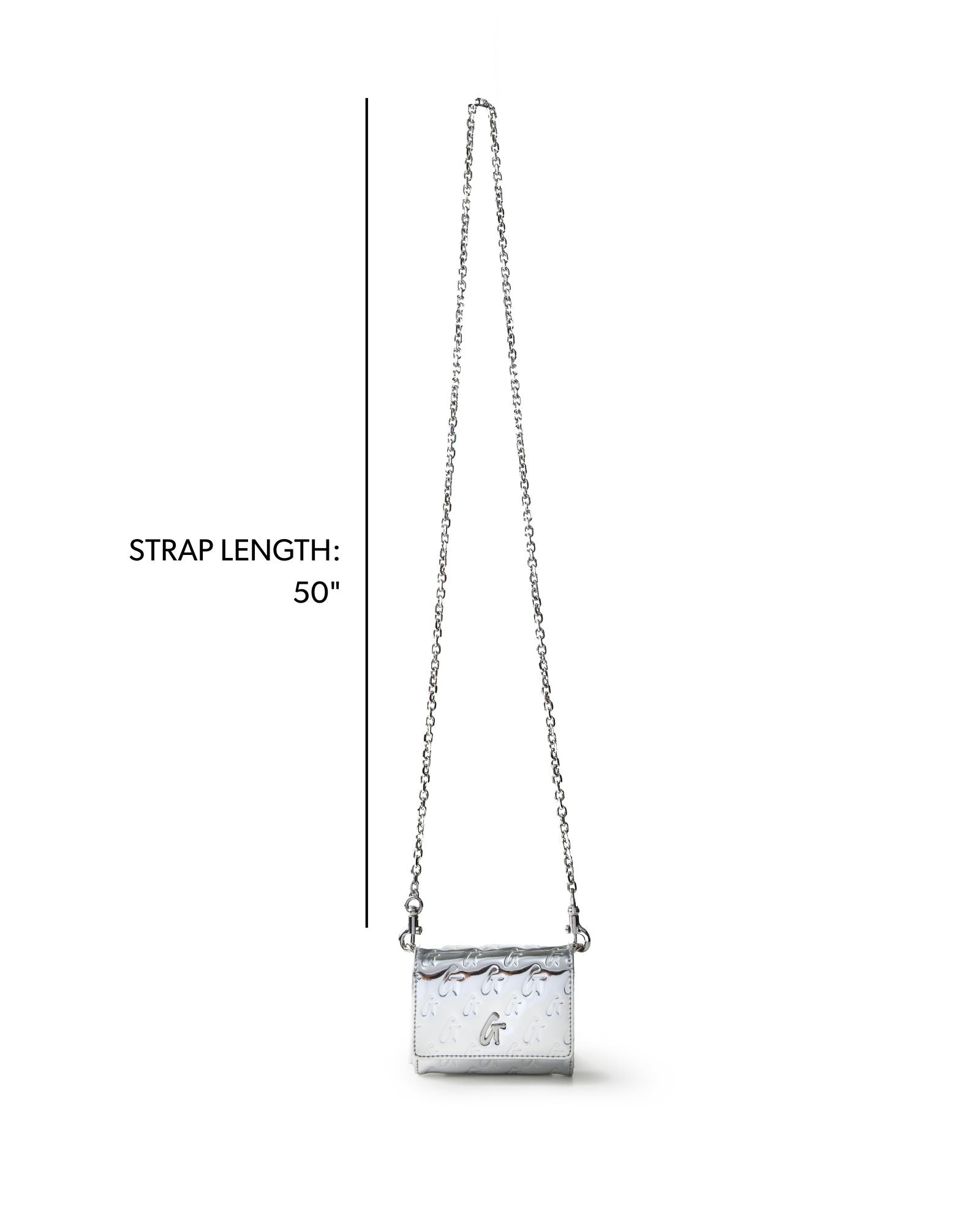 Metallic silver compact wallet on a chain with monogram design, featuring a 50-inch strap for versatile styling.