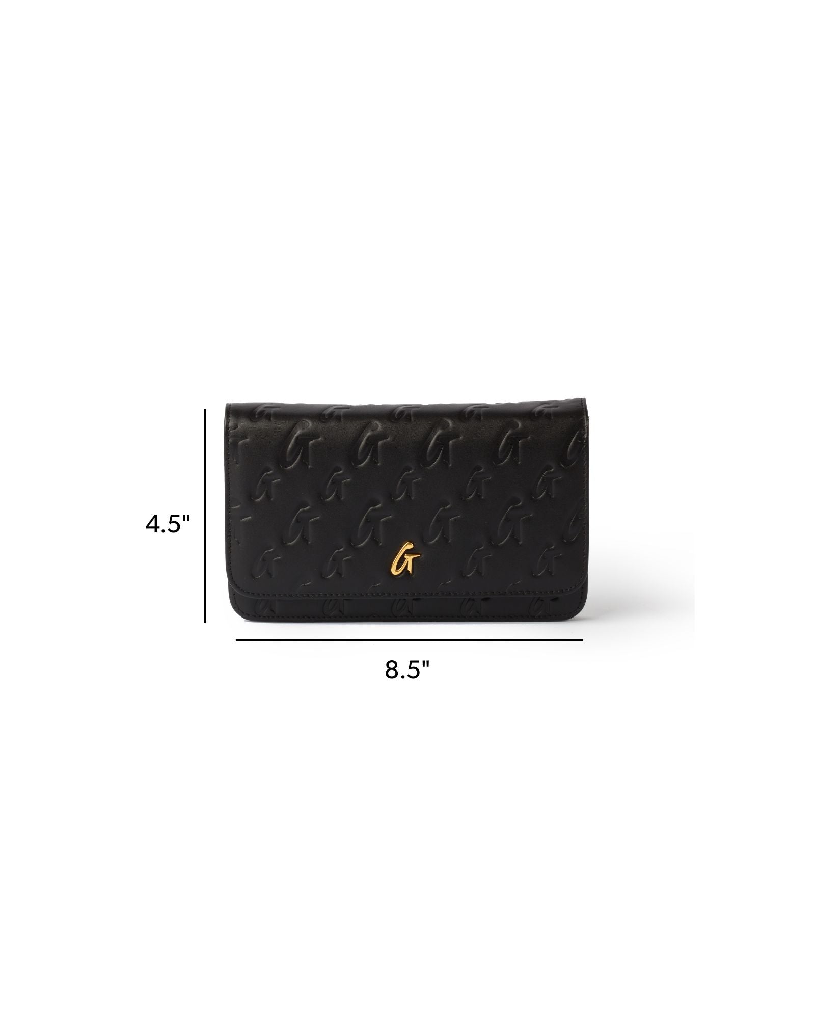 Black monogram wallet on a chain with gold logo, measuring 8.5 by 4.5 inches, perfect for stylish organization.
