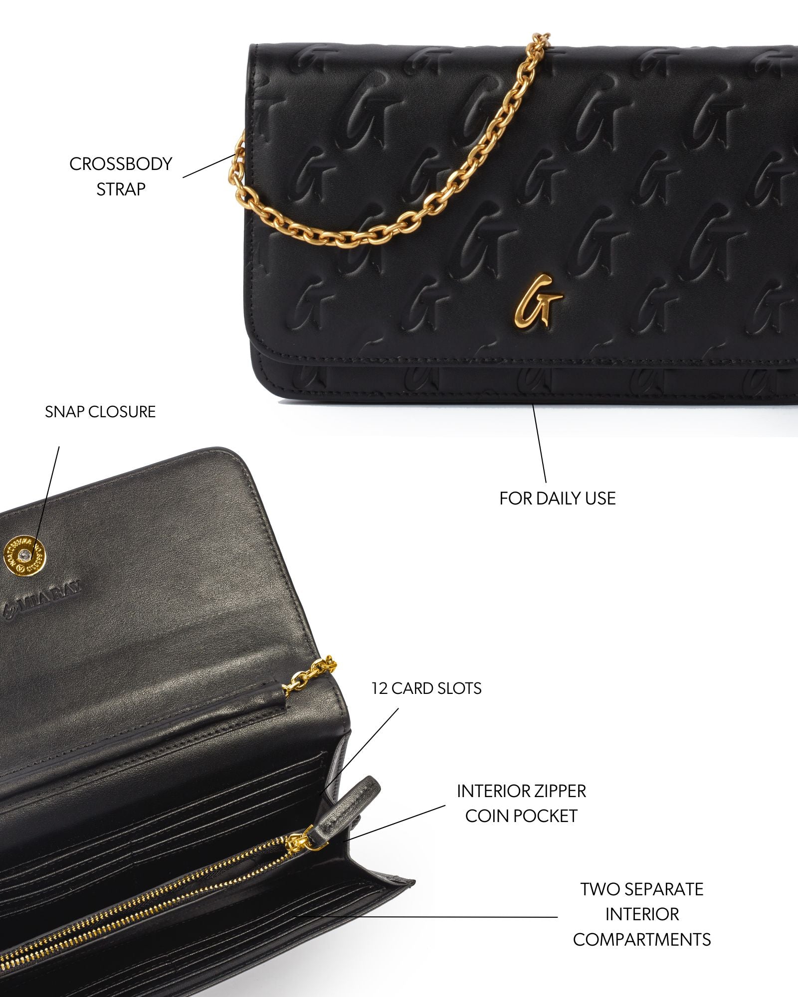 Black monogram gold WOC handbag featuring a crossbody strap, snap closure, and multiple interior compartments for cards and coins.