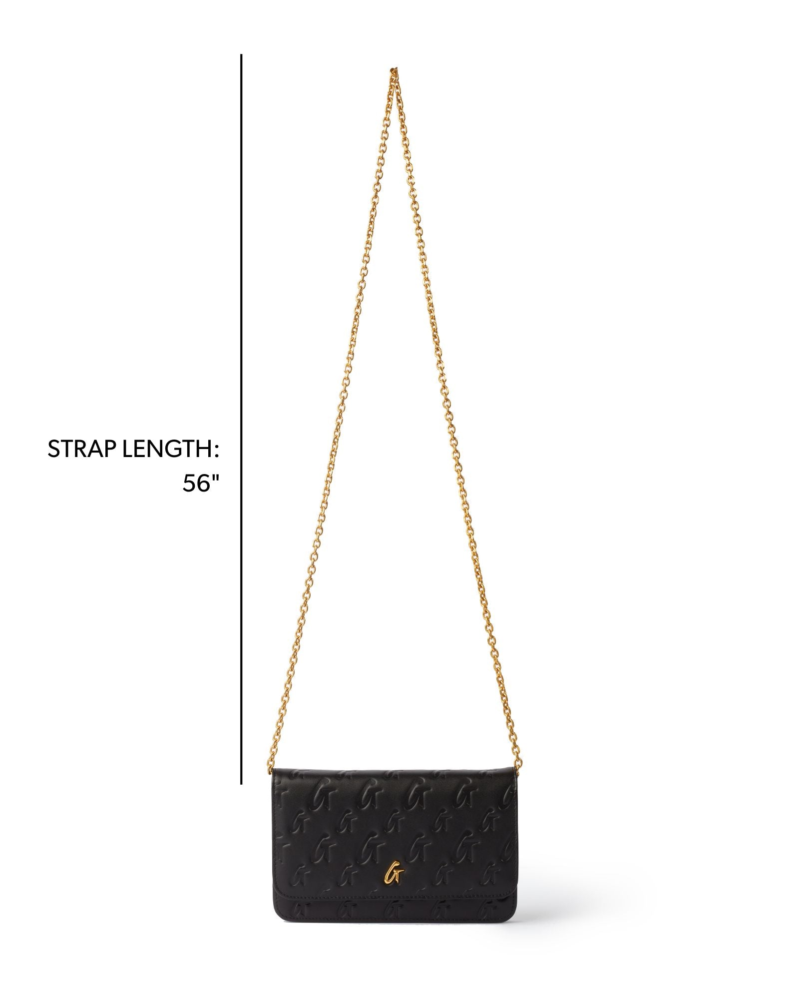 Black monogram wallet on a chain with a gold logo and a 56-inch strap, perfect for stylish, hands-free wear.