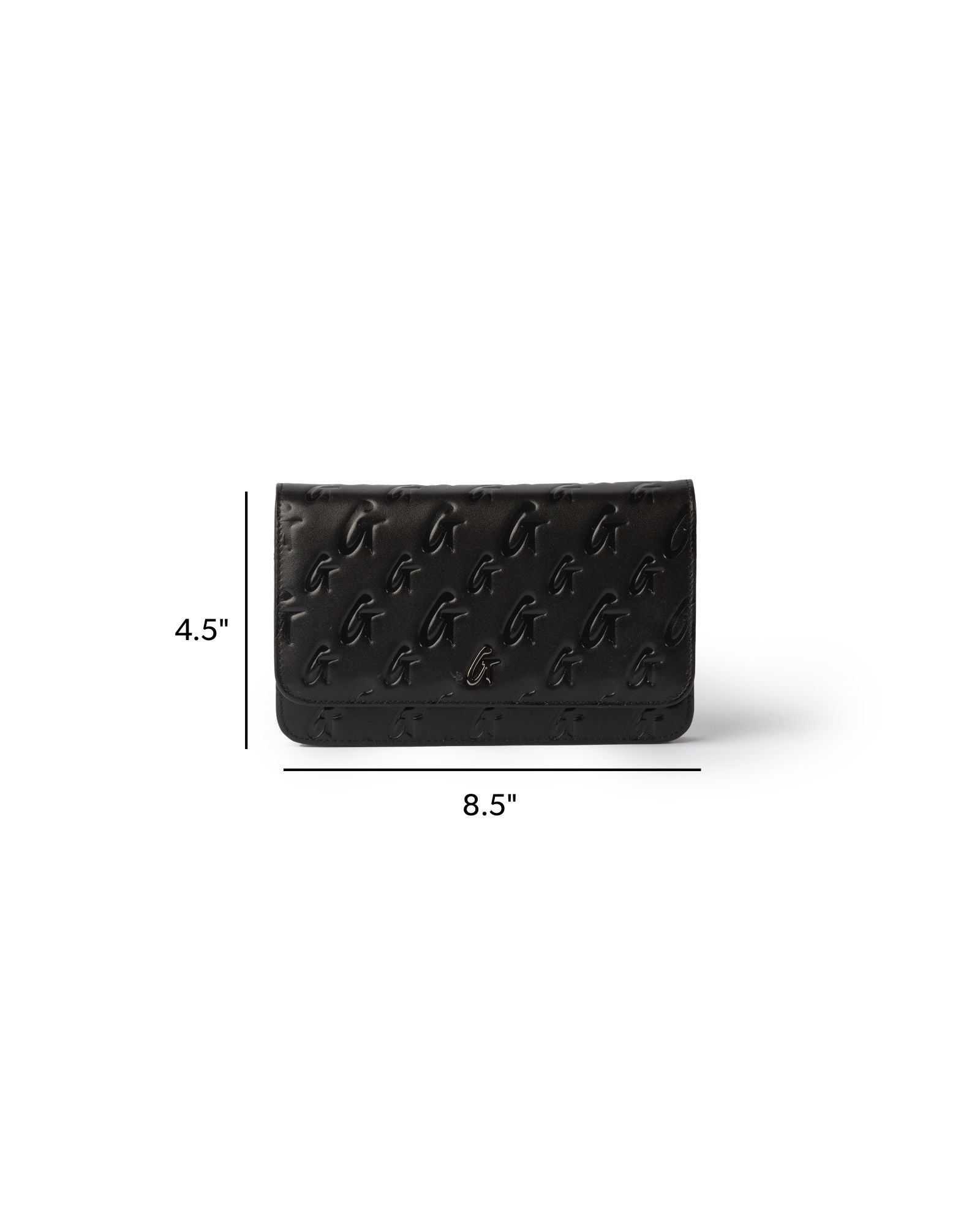 Black monogram silver wallet on chain with embossed logo, measuring 8.5 inches by 4.5 inches, stylish and functional.