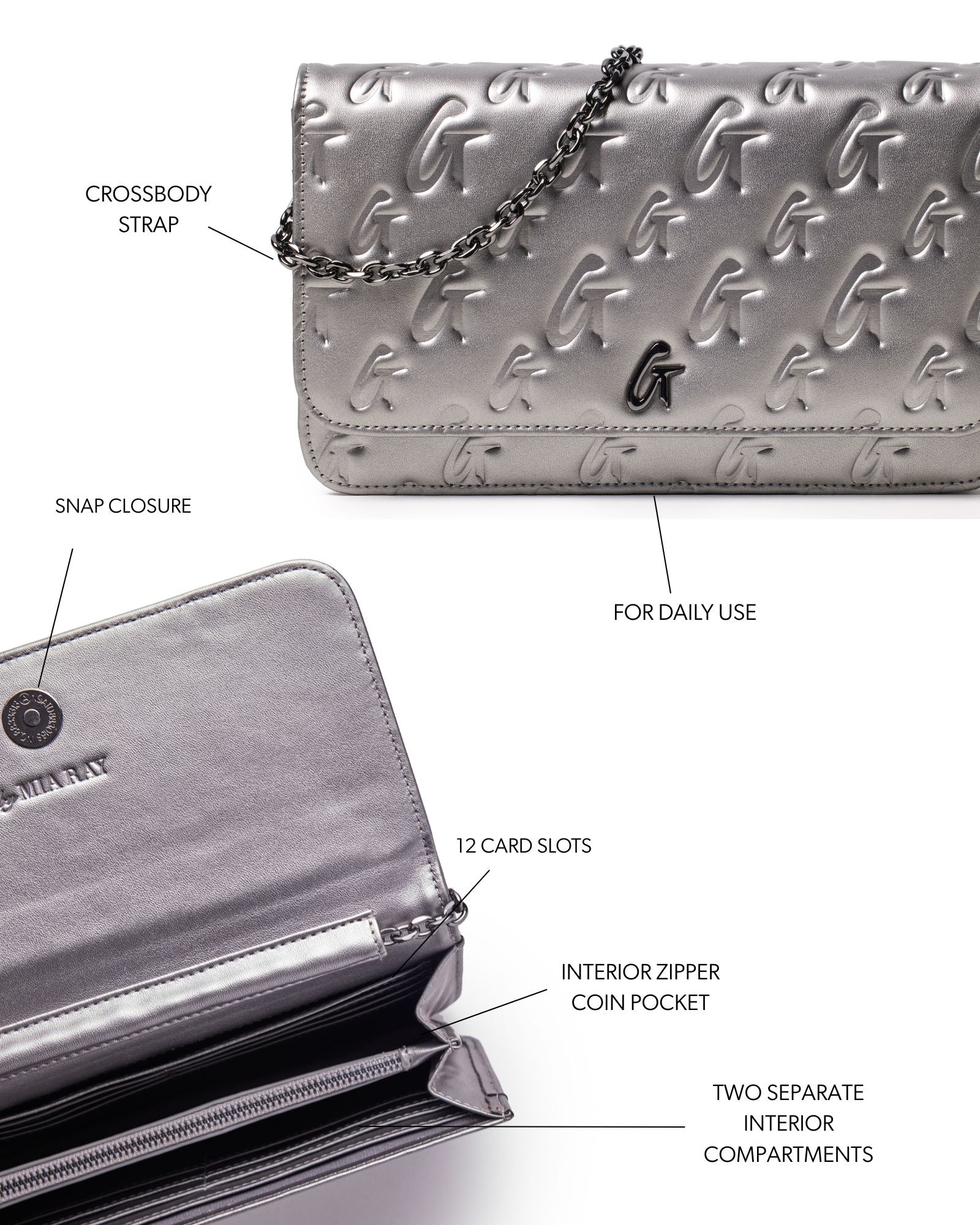 PLATINUM MONOGRAM WALLET ON CHAIN-GUNMETAL | Versatile Wallet for