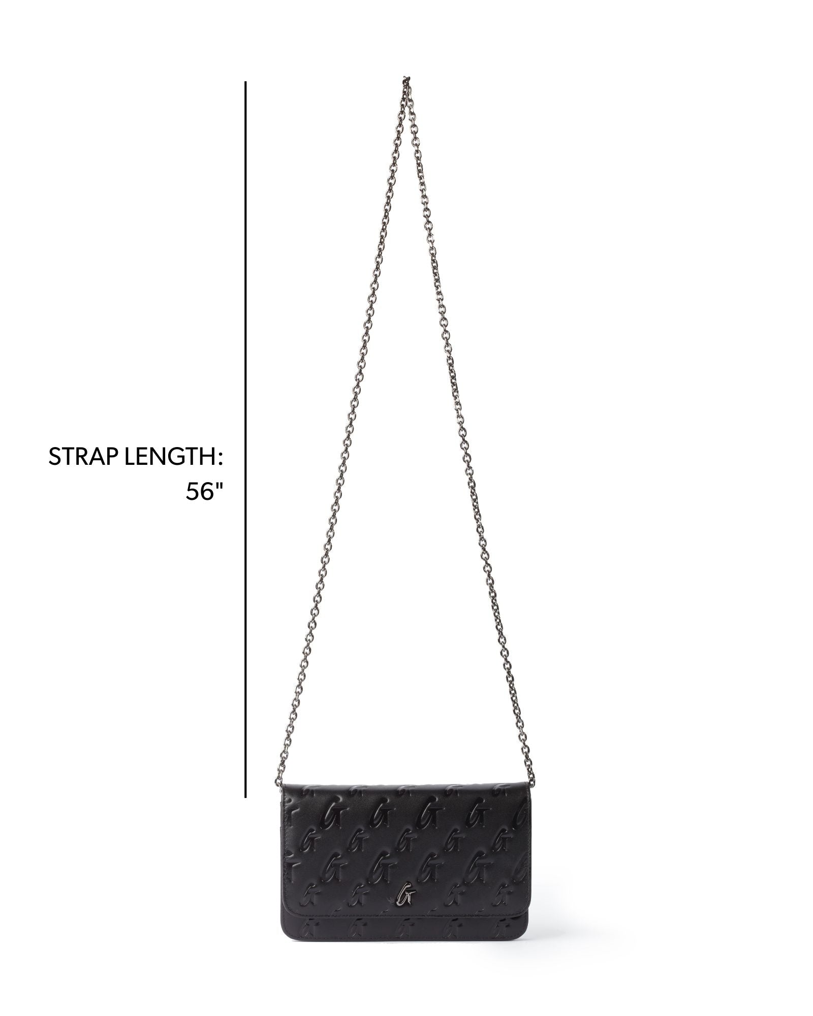 Elegant black monogram wallet on a chain with a 56-inch strap, perfect for stylish, affordable luxury.