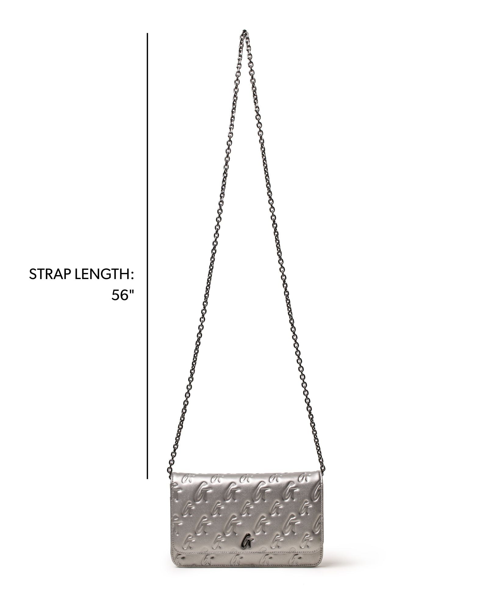 Sleek platinum monogram gunmetal WOC handbag with a 56-inch chain strap, perfect for stylish, affordable luxury.