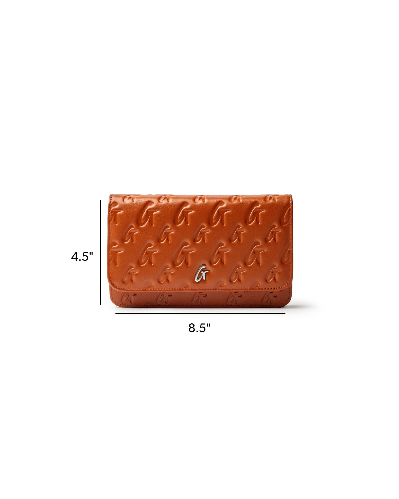 Brown monogram silver wallet on a chain, featuring embossed logo design and compact size for stylish convenience.