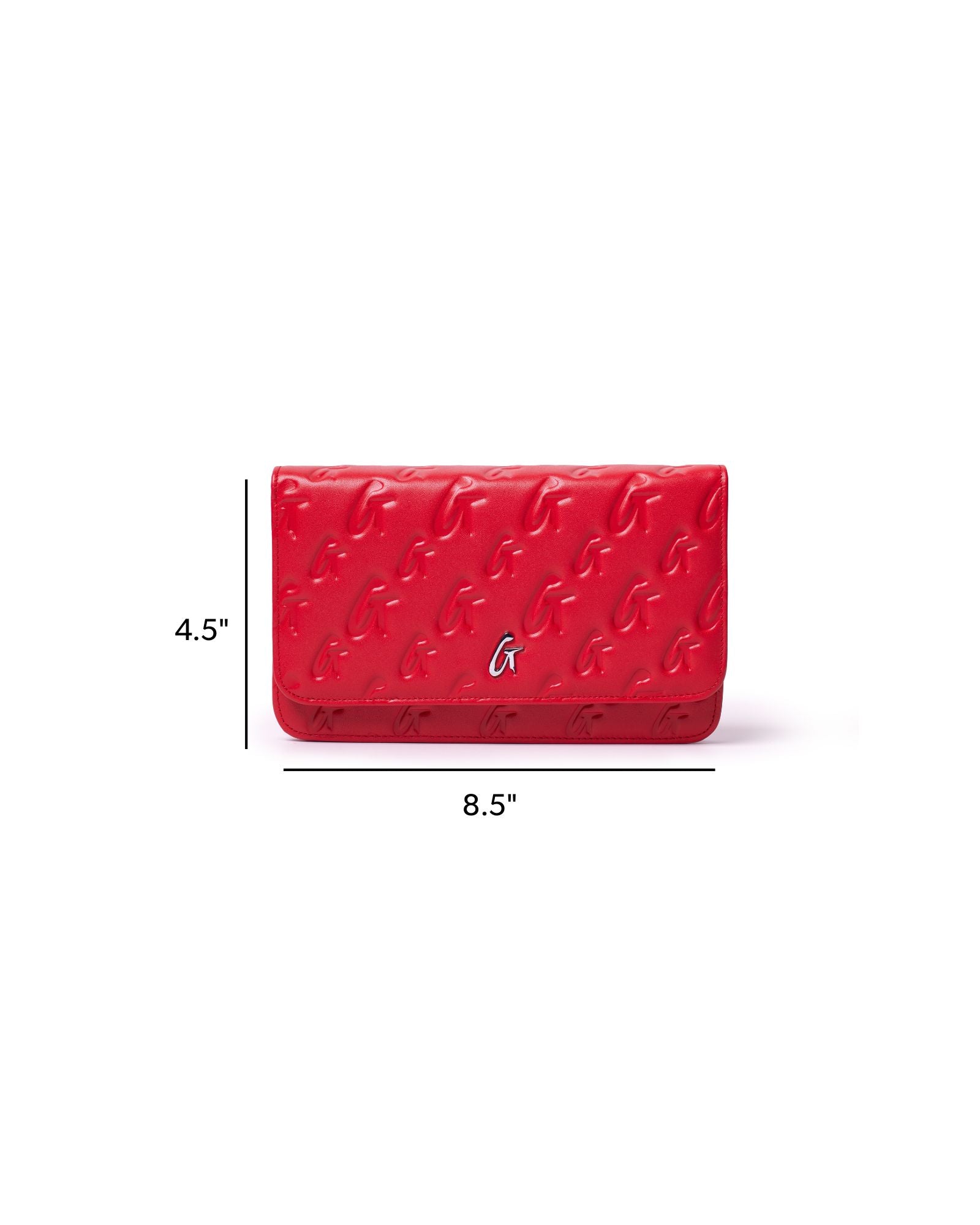 Red monogram wallet on chain featuring a sleek design, perfect for stylish, affordable luxury. Dimensions: 4.5" x 8.5".