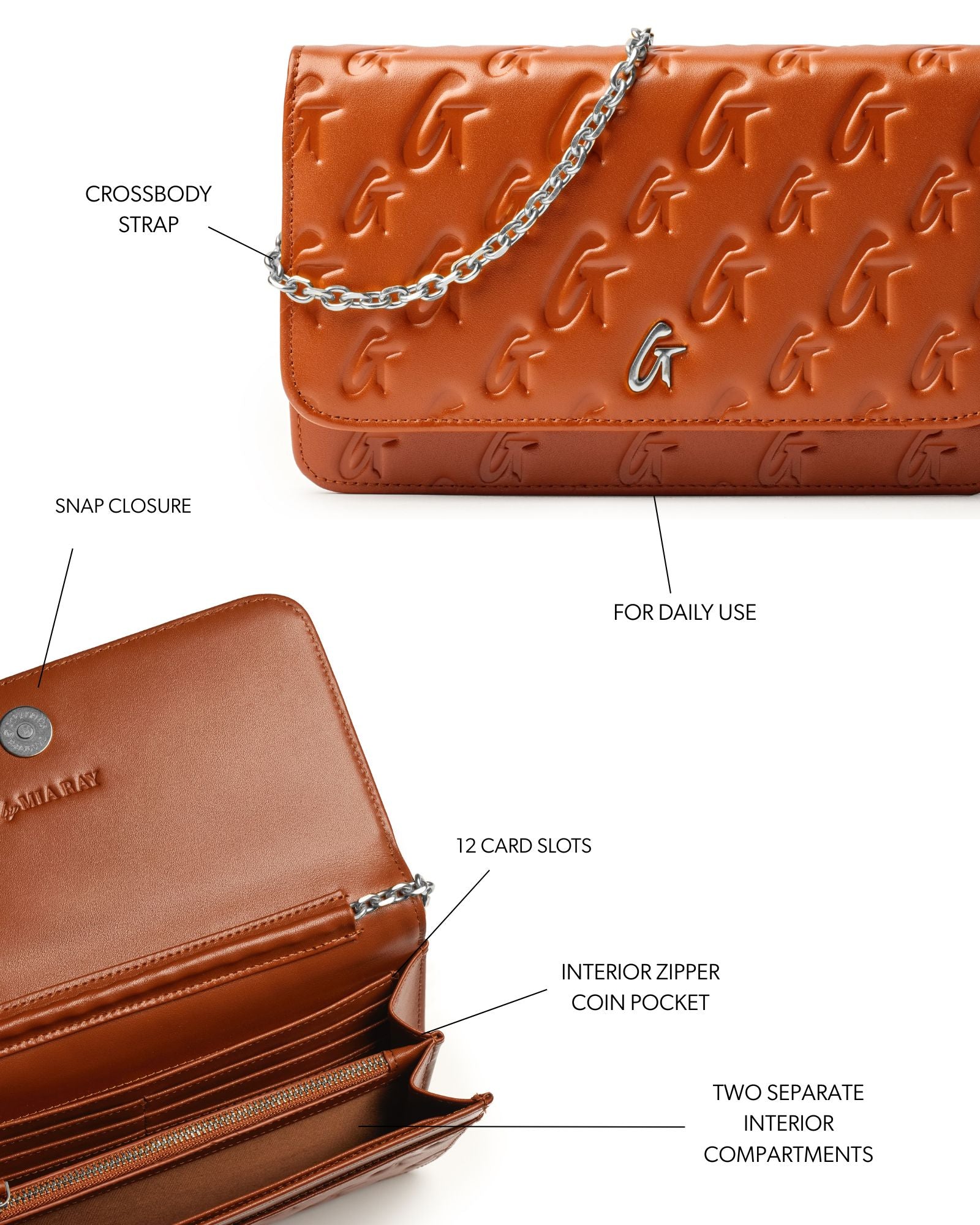 Brown monogram silver wallet on a chain with crossbody strap, snap closure, 12 card slots, and interior compartments.