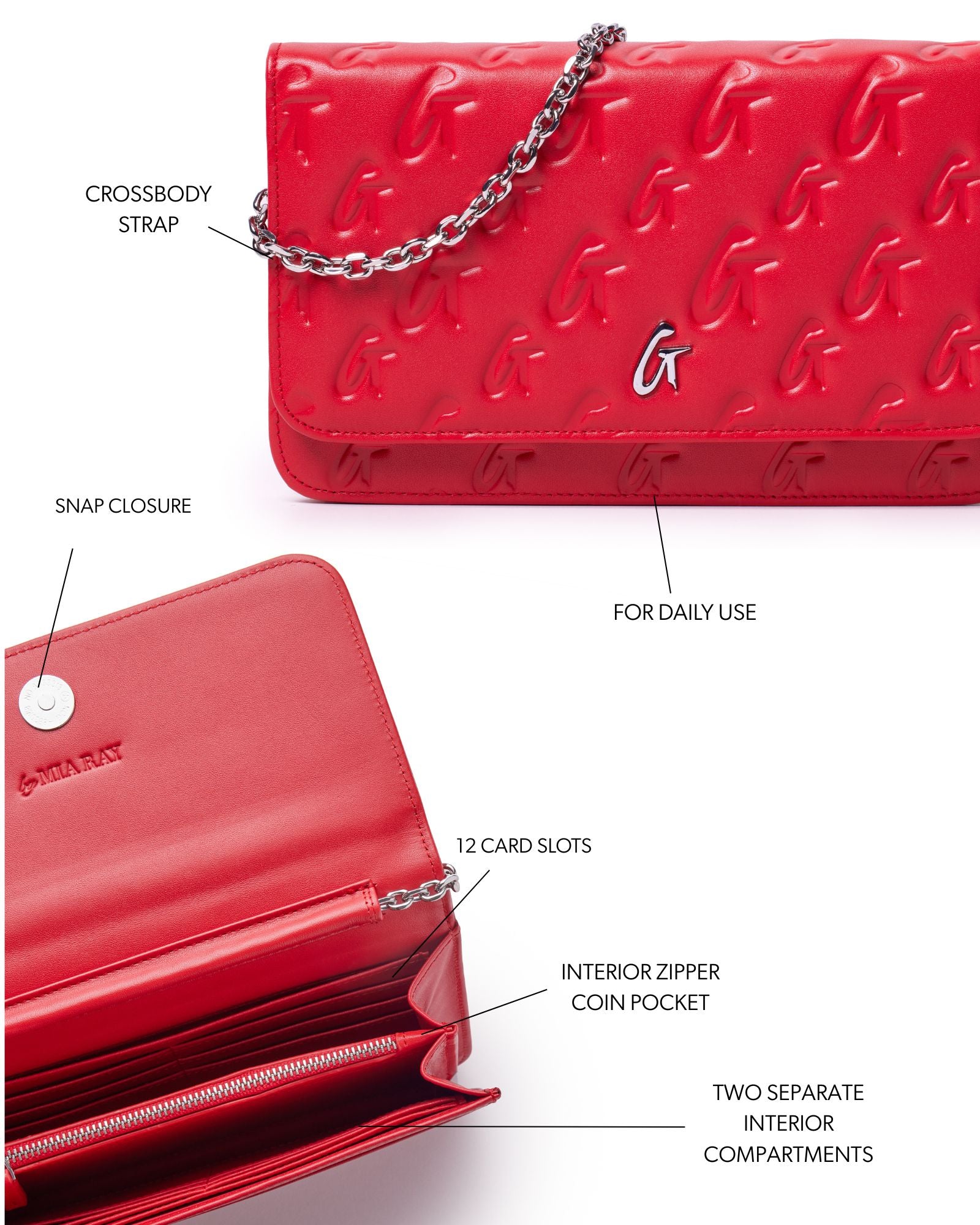 Red monogram silver wallet on a chain with crossbody strap, snap closure, 12 card slots, and two interior compartments.