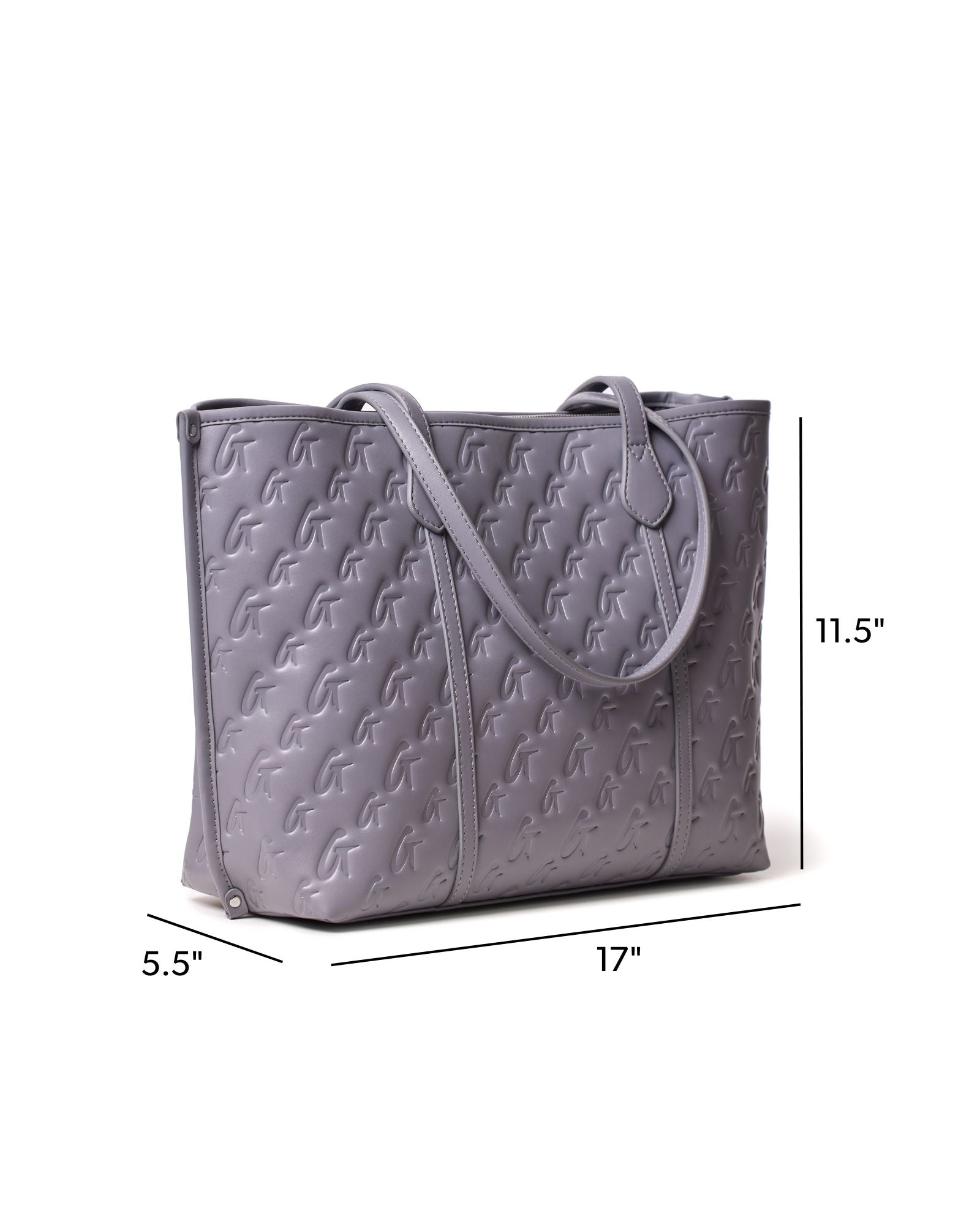 Gray monogram sleek tote bag with dual handles, measuring 17 inches wide and 11.5 inches tall, perfect for everyday use.