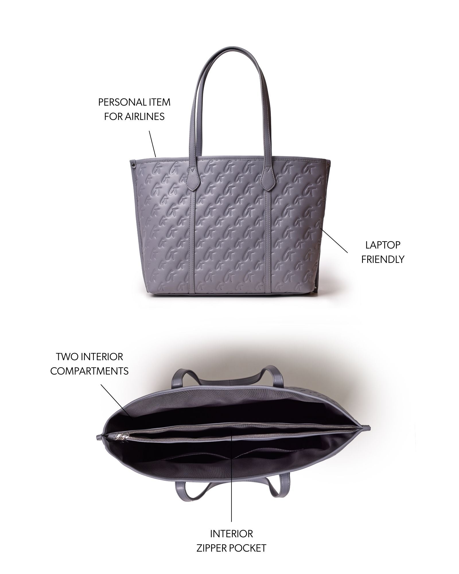 Gray monogram sleek tote with dual interior compartments and zipper pocket, ideal for laptops and travel.