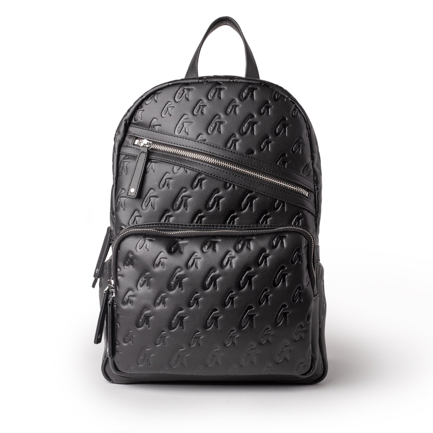 Black unisex backpack with embossed G monogram pattern, featuring multiple zippered compartments and a top handle.