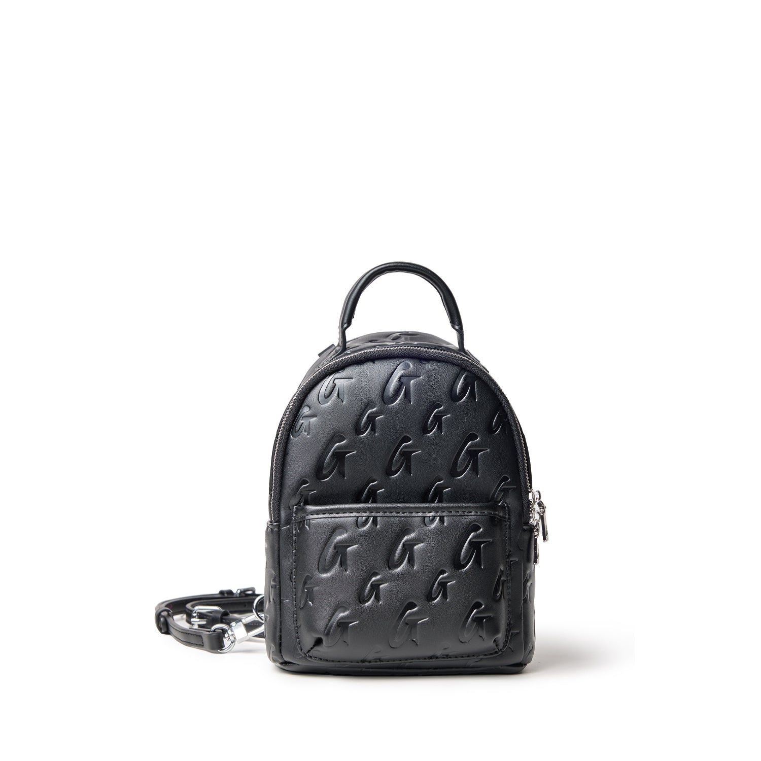 Small black backpack with embossed monogram G pattern, front zip pocket, top handle, and adjustable shoulder straps.