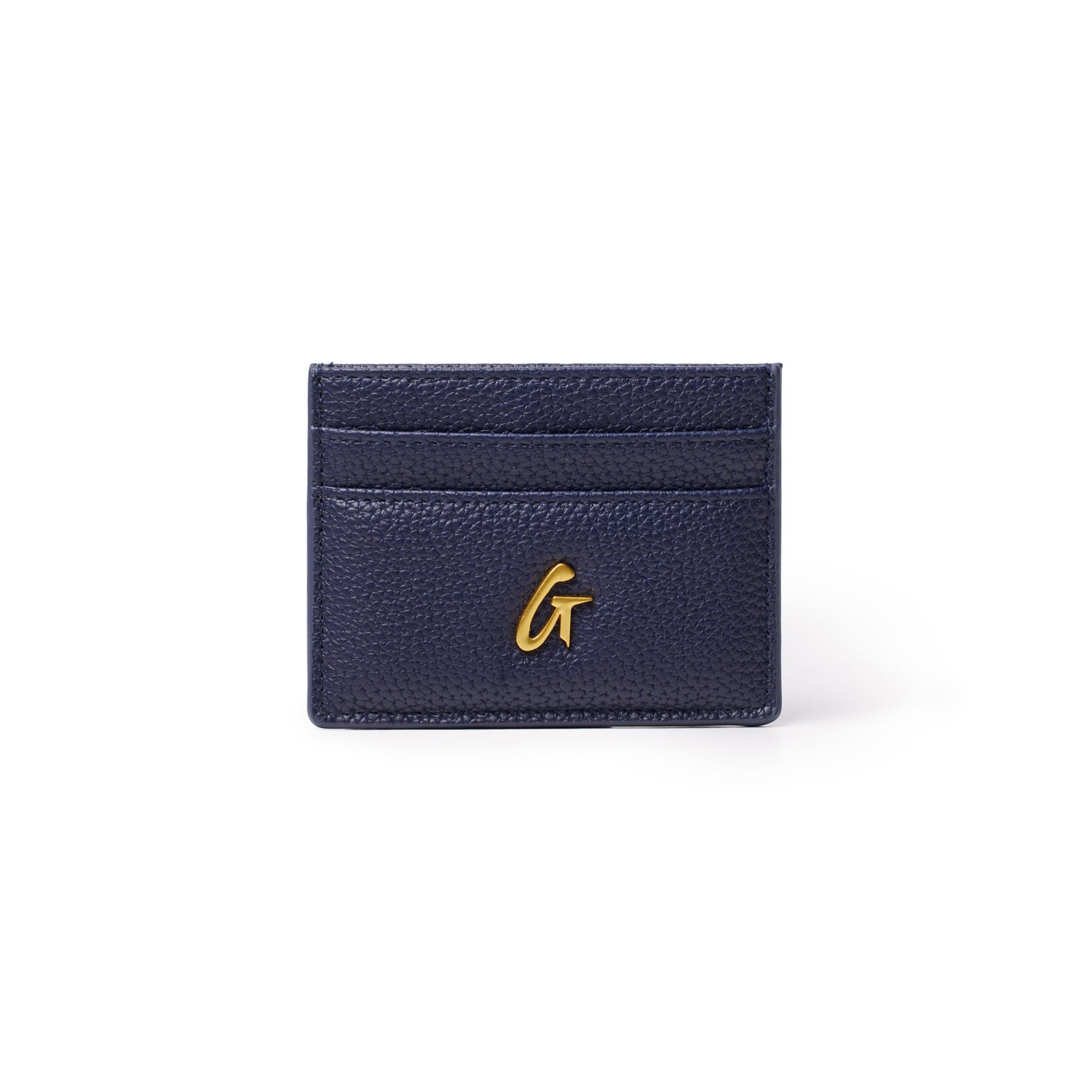 Navy pebble leather card holder with gold "G" logo and multiple card slots, compact and stylish accessory.