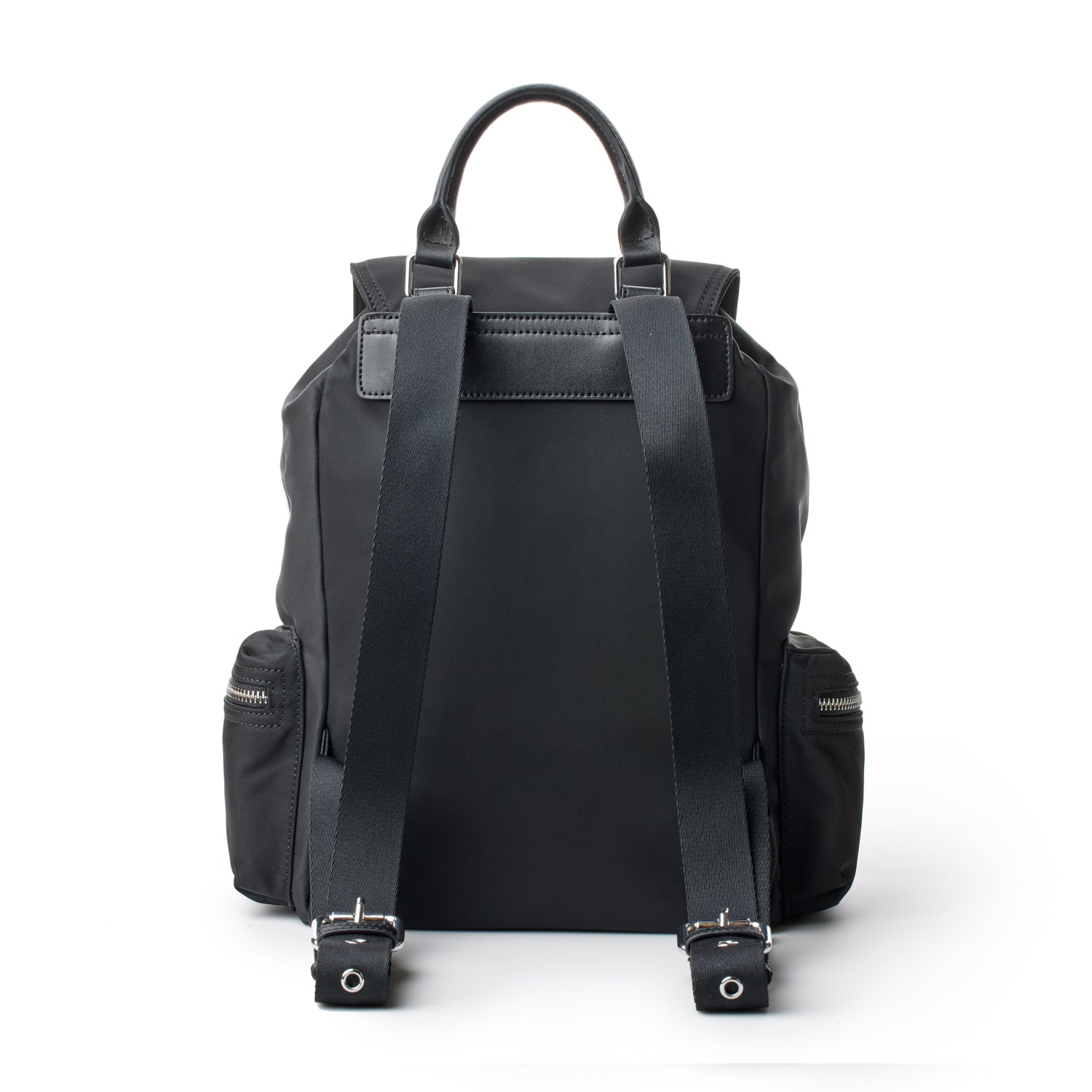 Black nylon backpack with adjustable straps, top handle, and side zippered pockets, ideal for daily use.