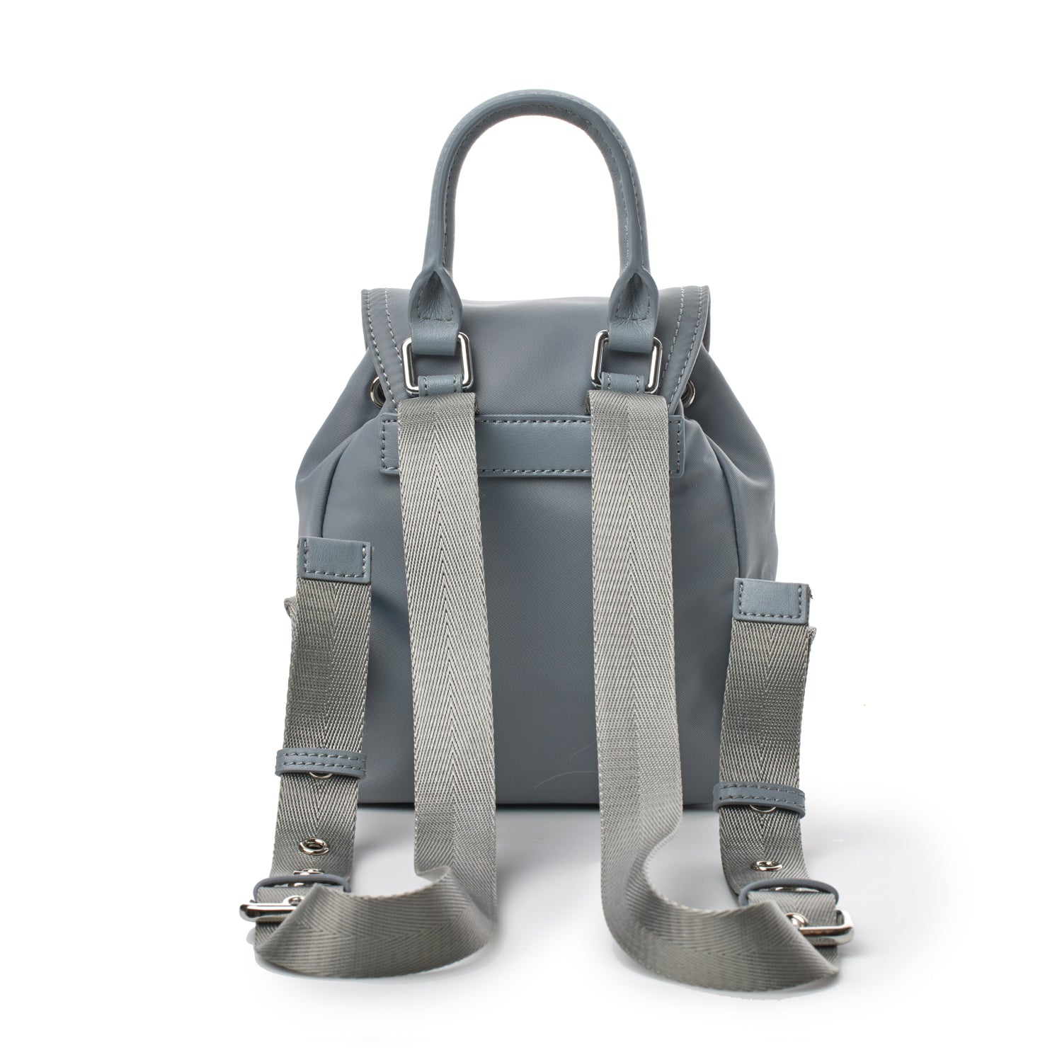 Small gray nylon backpack with beige adjustable straps, top handle, and silver hardware.