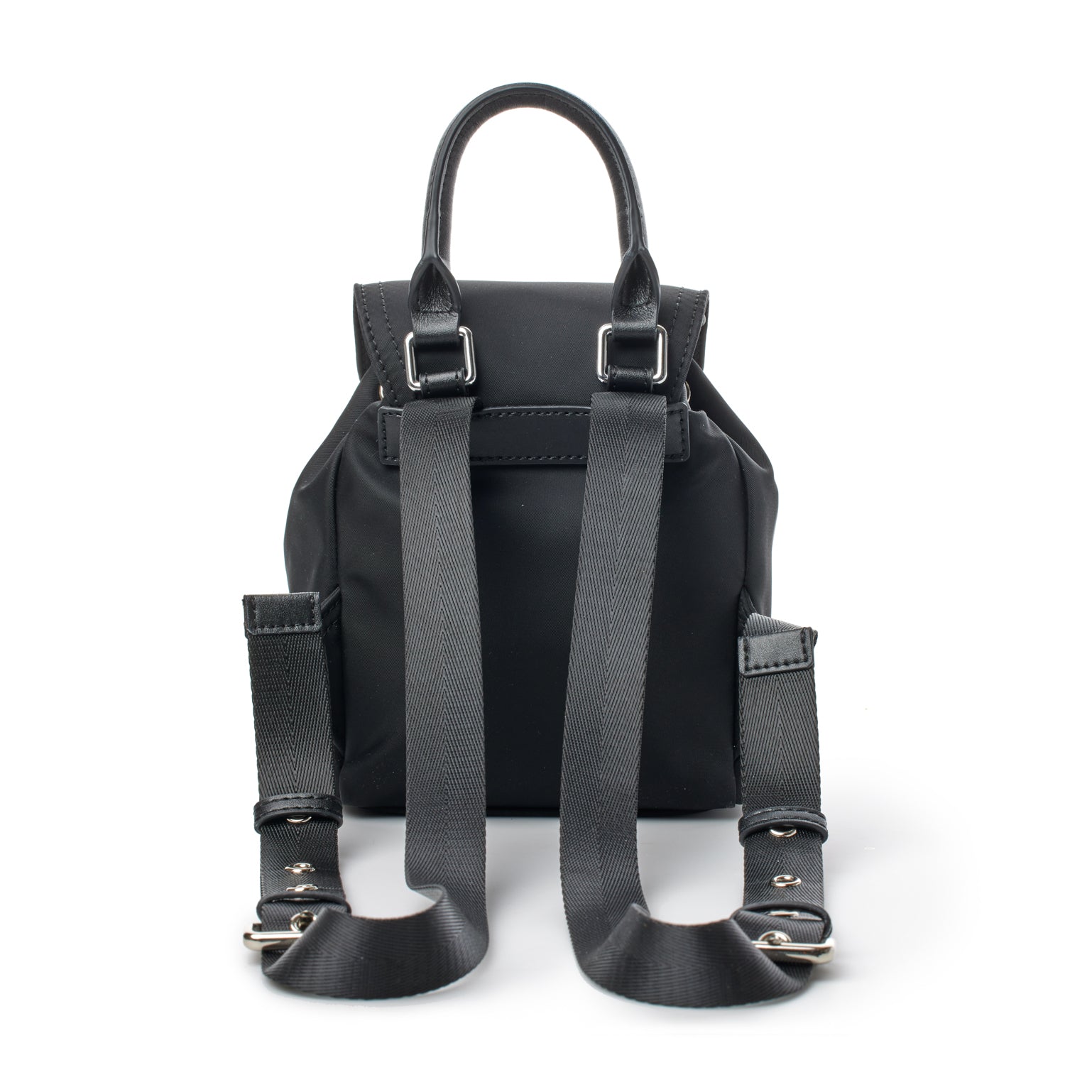Small black nylon backpack with top handle and adjustable shoulder straps, featuring silver hardware and a sleek, minimalist design.