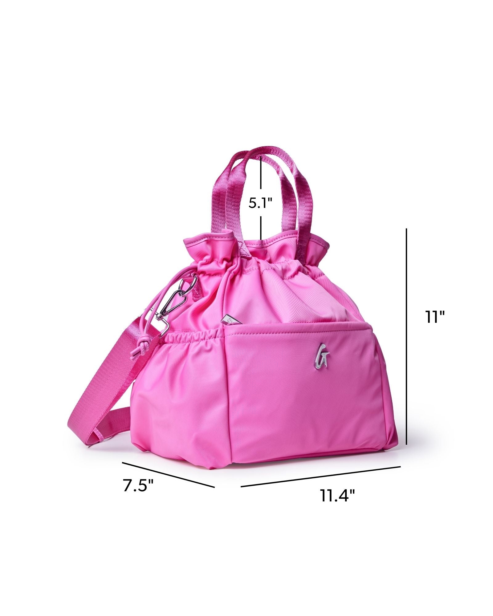 Hot pink nylon lunch bag with adjustable straps, featuring a cinched top and spacious interior for meals.