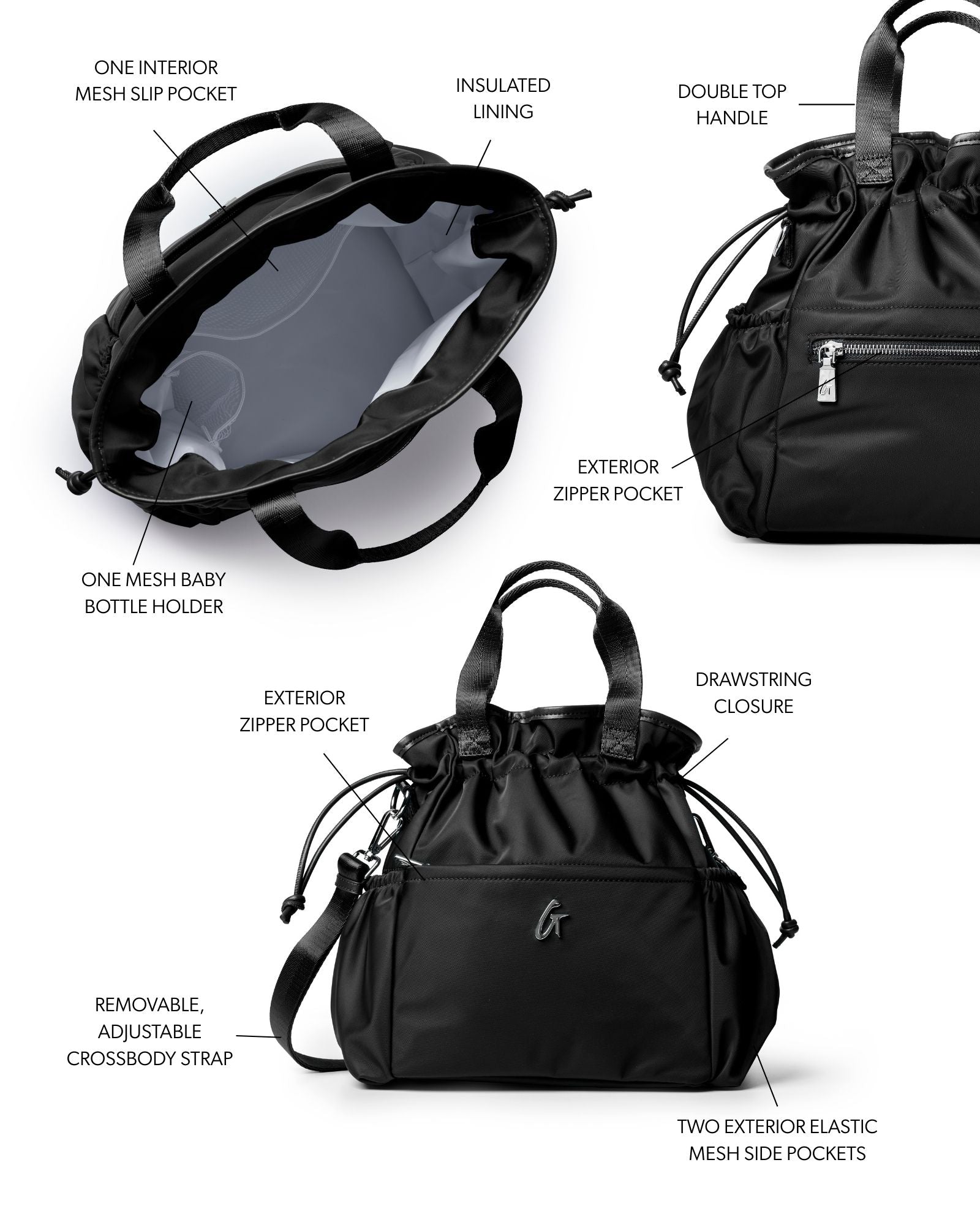 Black nylon lunch bag featuring insulated lining, double top handles, and multiple pockets for organization.
