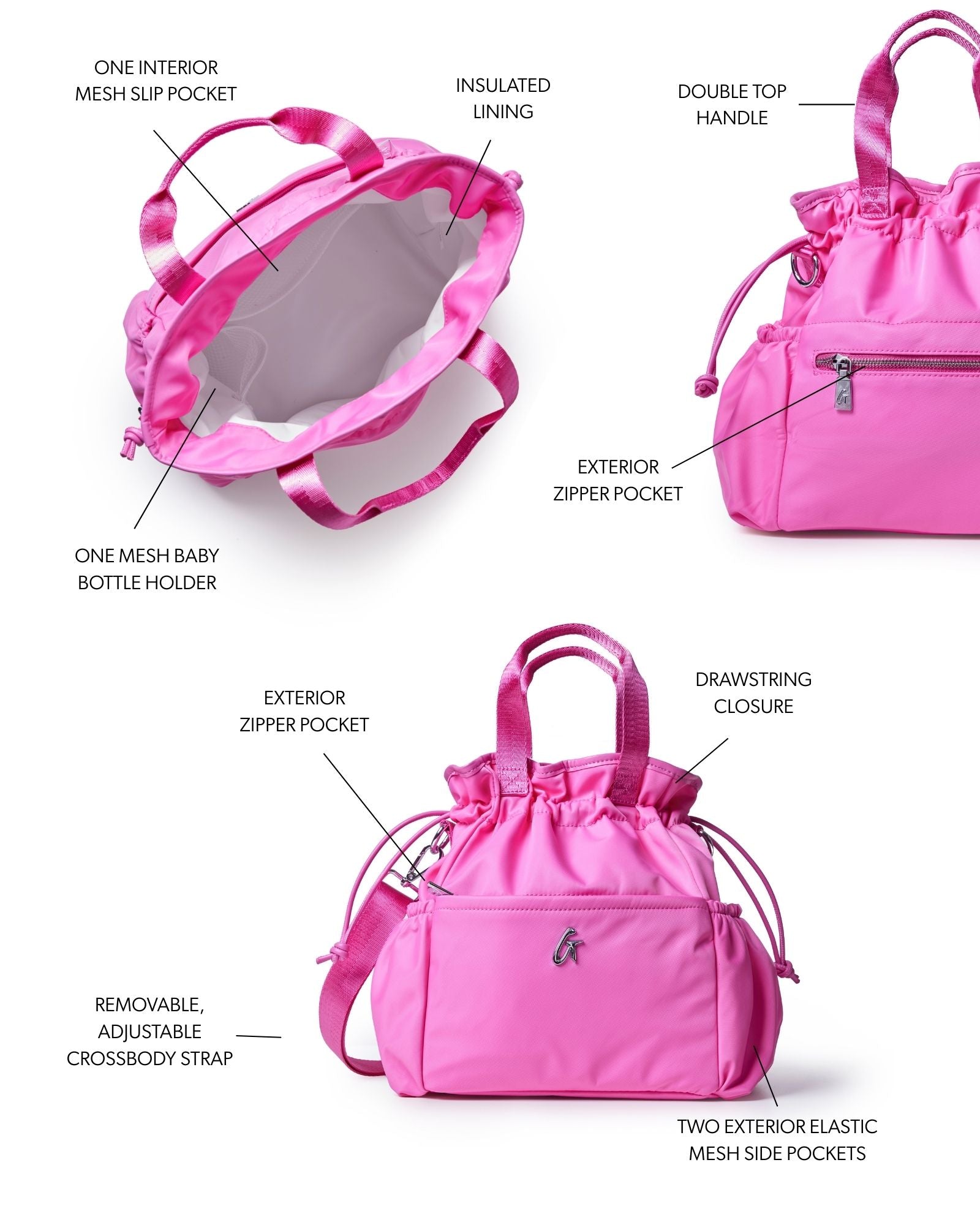 Hot pink nylon lunch bag with insulated lining, exterior zipper pockets, and adjustable crossbody strap.