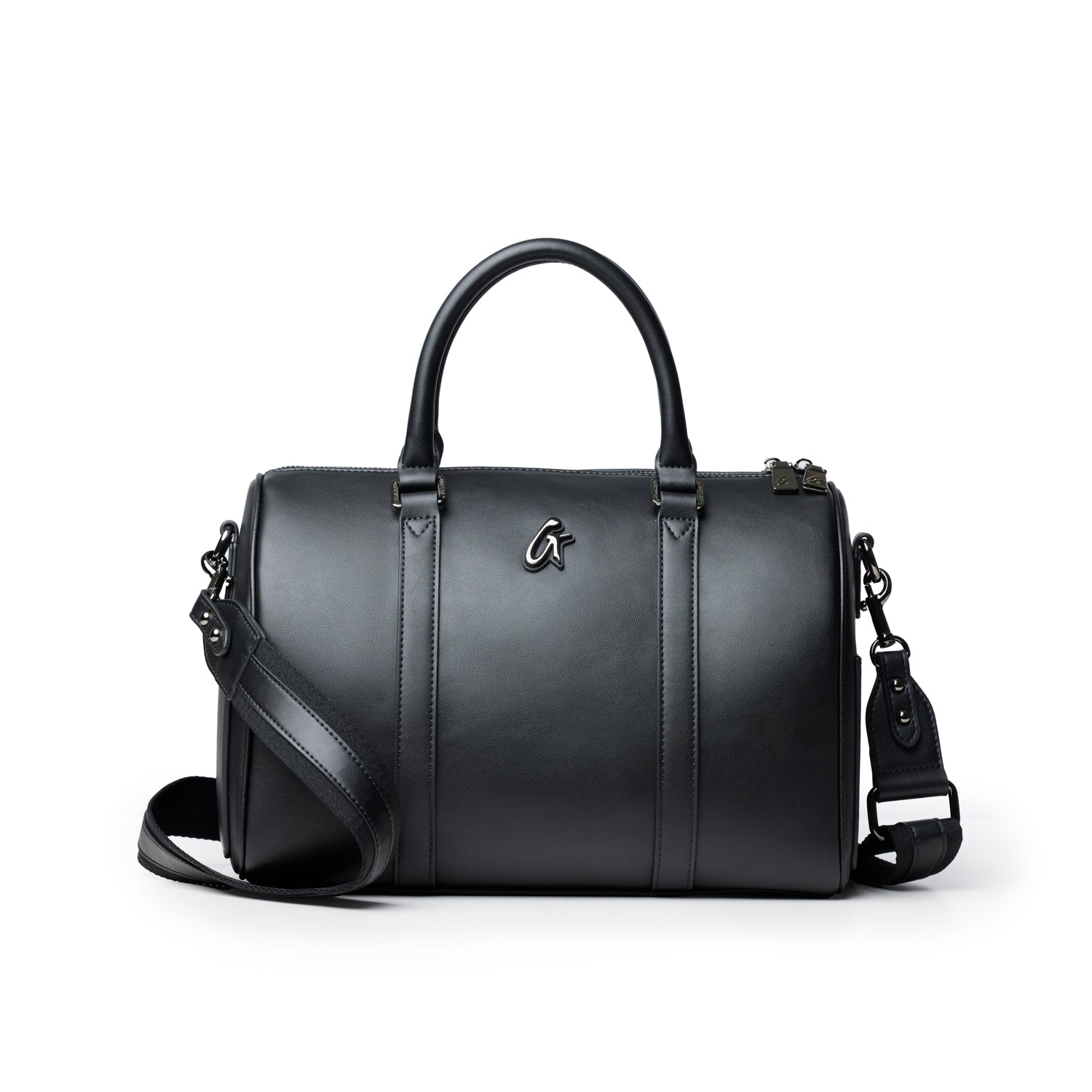 Large black Boston bag with dual handles and detachable shoulder strap, featuring a sleek design and logo detail.