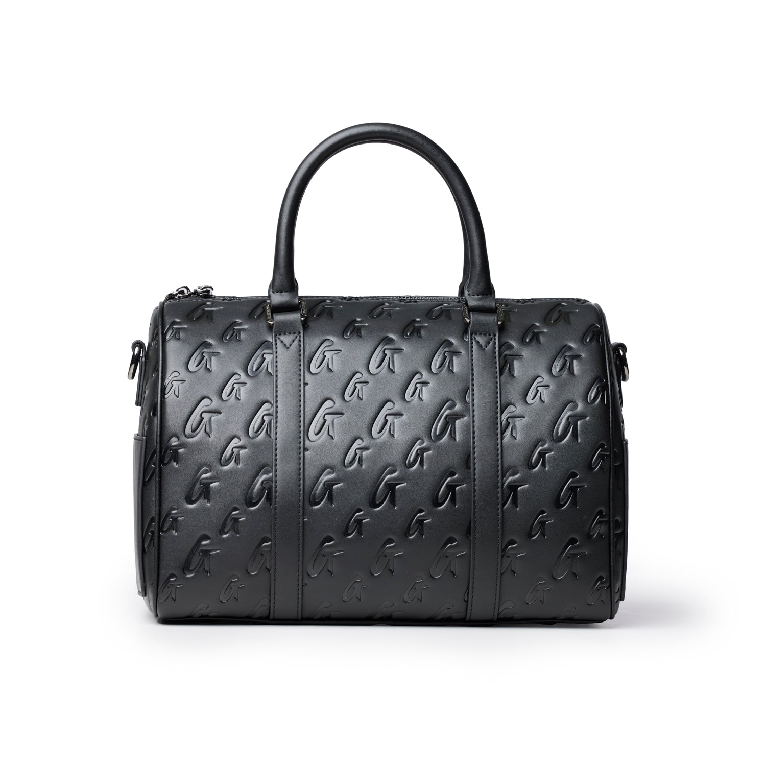 Large black monogram Boston bag featuring a sleek design and sturdy handles, perfect for stylish everyday use.