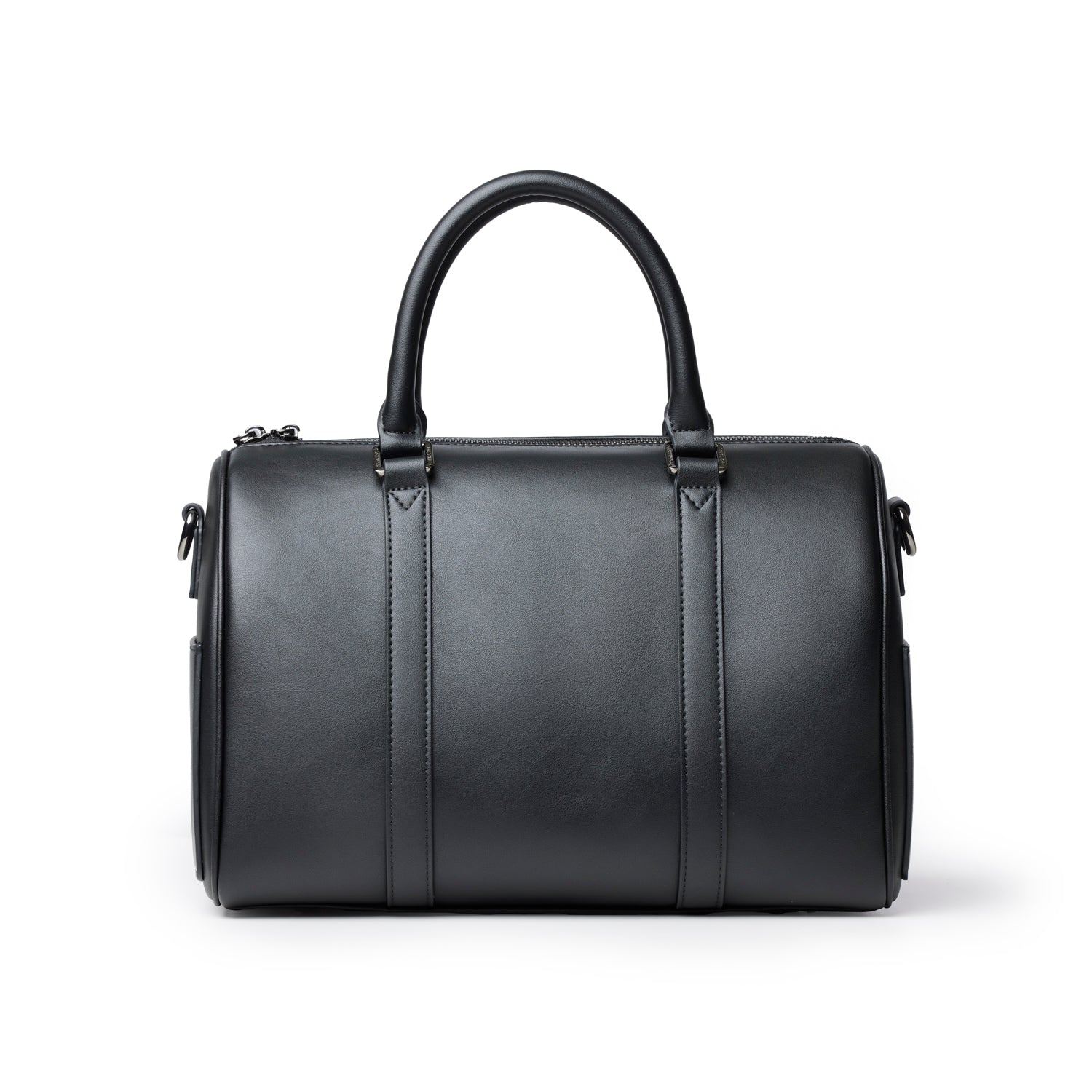 Large black Boston bag with a sleek design, featuring sturdy handles and a spacious interior for versatile use.