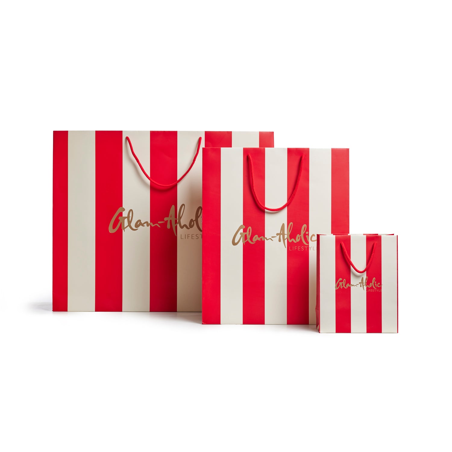 Medium striped gift bag in red and cream featuring Glam-Aholic Lifestyle logo, perfect for stylish gifting.