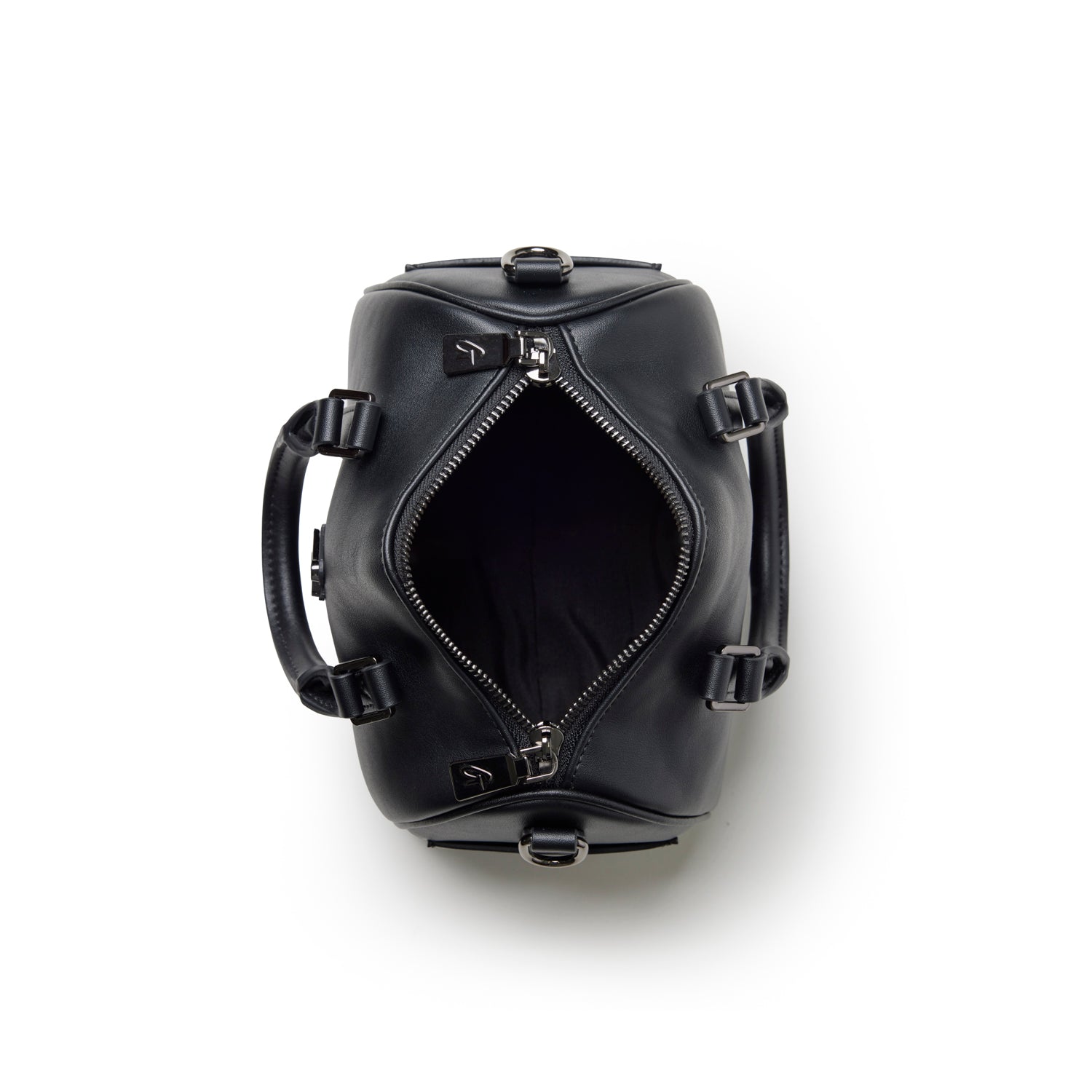 Top view of a black MINI STANDARD GAL BOSTON BAG featuring a zippered opening and dual handles for easy carrying.