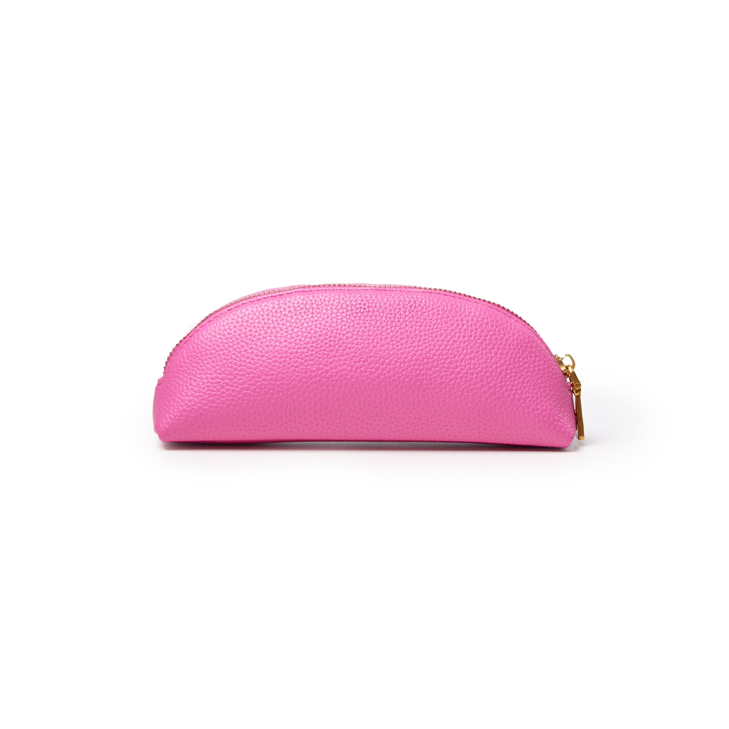 Hot pink pebble pencil pouch with a smooth texture and gold zipper, perfect for organizing writing tools.