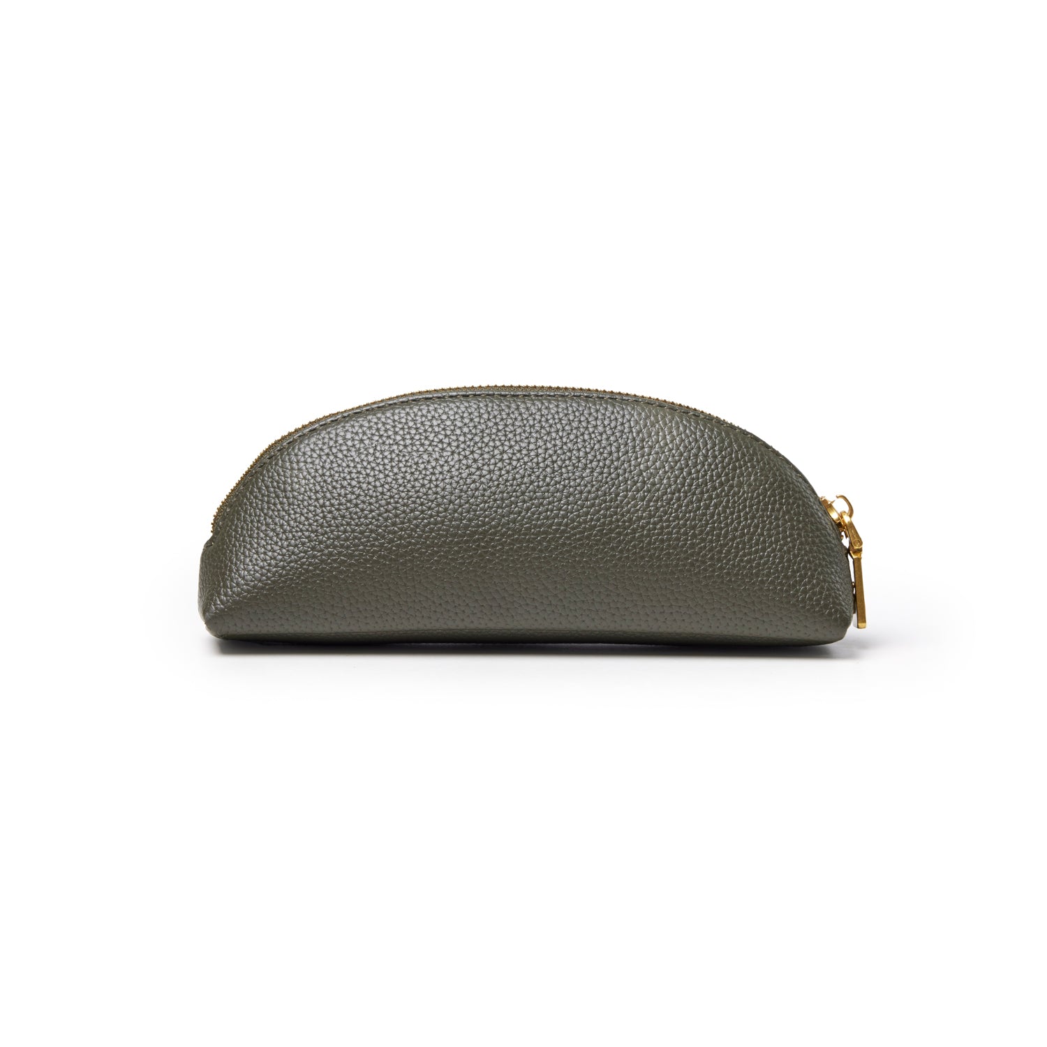 Olive green pebble pencil pouch with a textured finish and gold zipper, perfect for stylish organization.