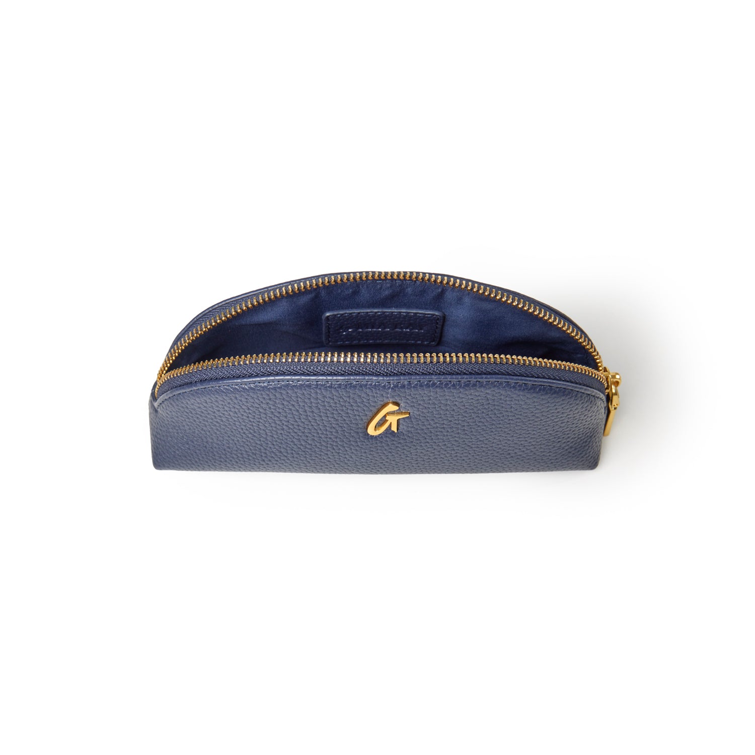 Navy pebble pencil pouch with a gold zipper and interior pocket, perfect for organizing writing tools and accessories.