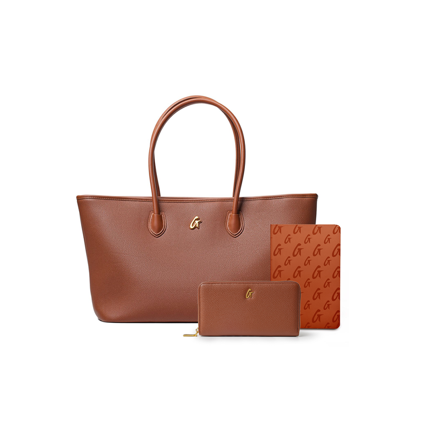 Brown Pebble Power Pack featuring a spacious tote bag, a matching wallet, and a stylish notebook.