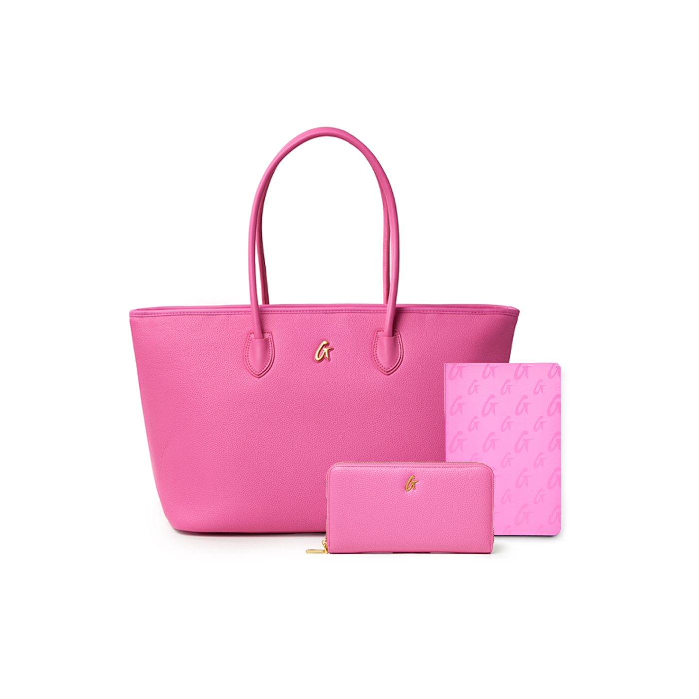 Hot pink Pebble Power Pack featuring a spacious tote, matching wallet, and stylish notebook for a chic lifestyle.