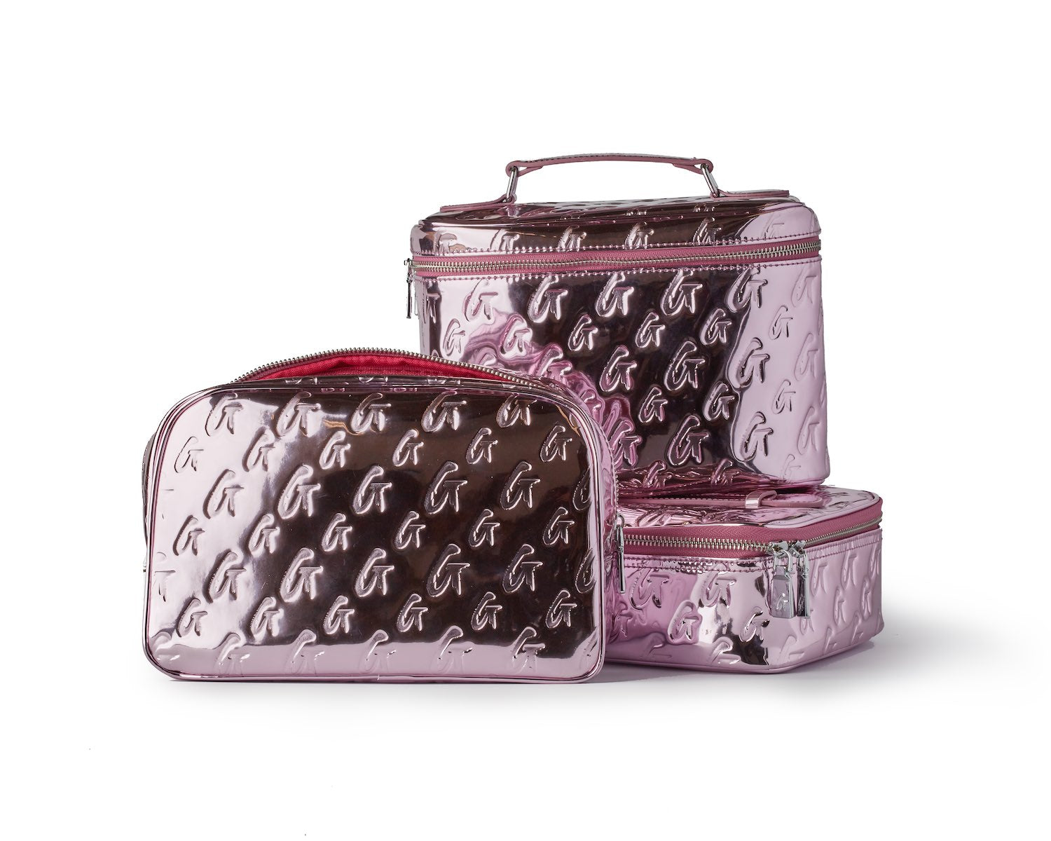 Large metallic pink monogram toiletry bag with embossed "G" pattern, featuring a zipper closure and handle.
