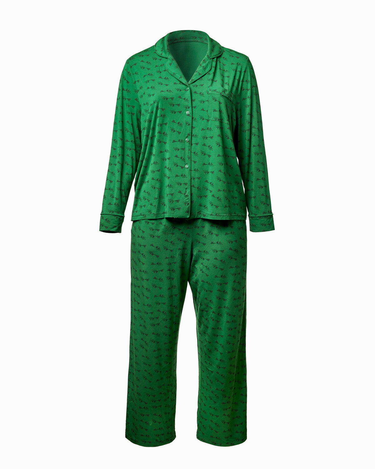 Green women's pajama set featuring a long-sleeve button-up top and matching pants with a subtle pattern.
