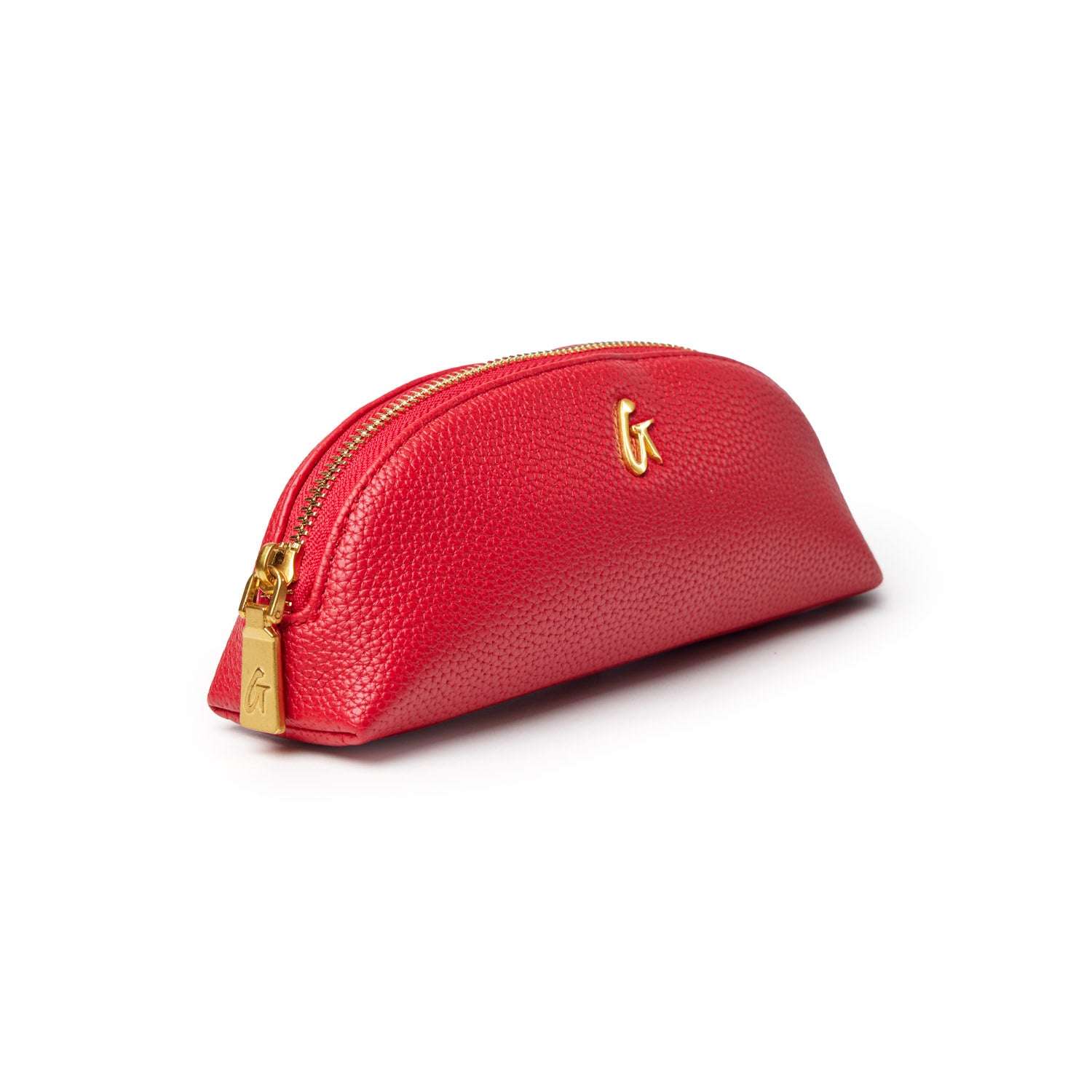 Red pebble-textured pencil pouch with a gold zipper, perfect for organizing stationery and accessories.