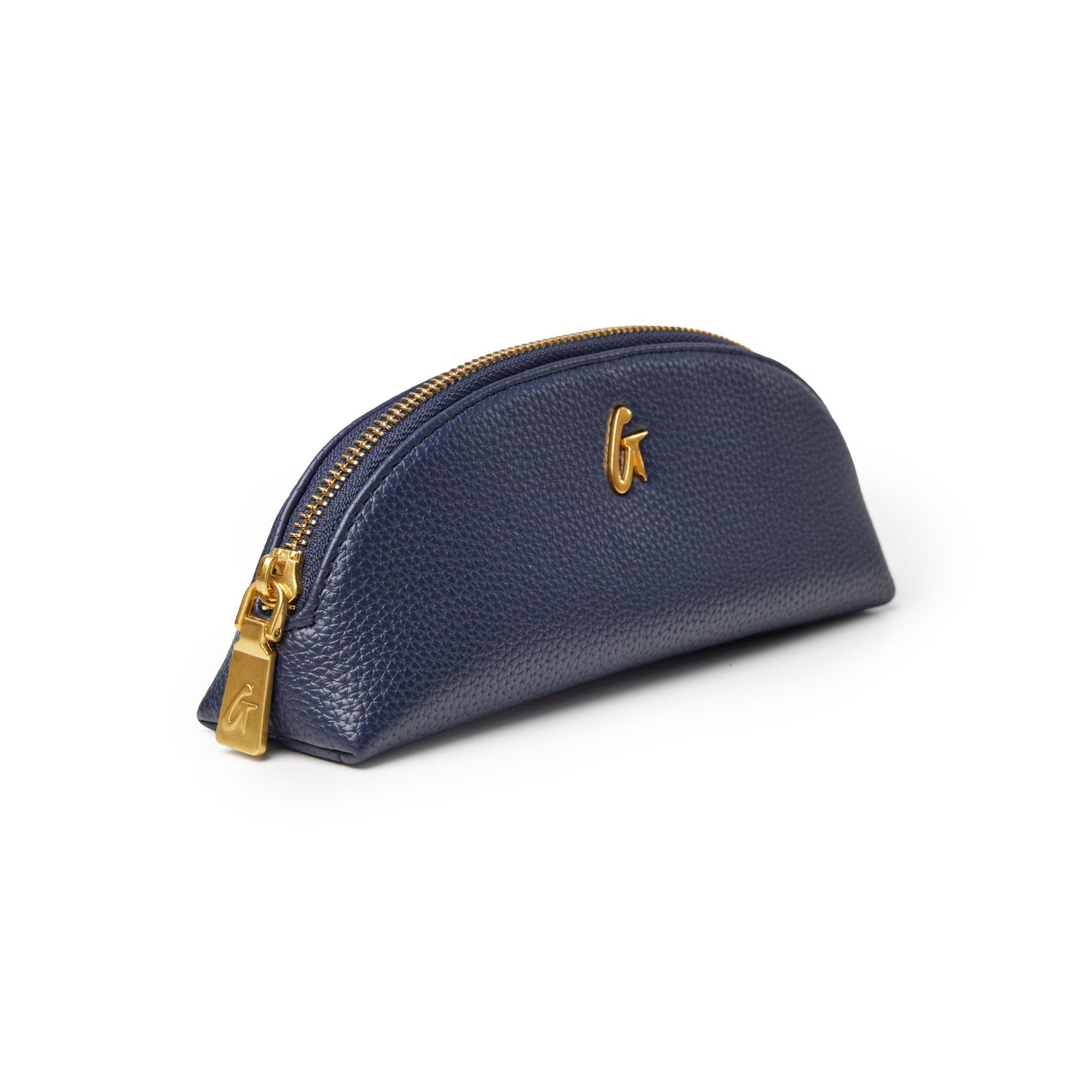 Navy pebble pencil pouch with a gold zipper and embossed logo, perfect for organizing writing tools and accessories.