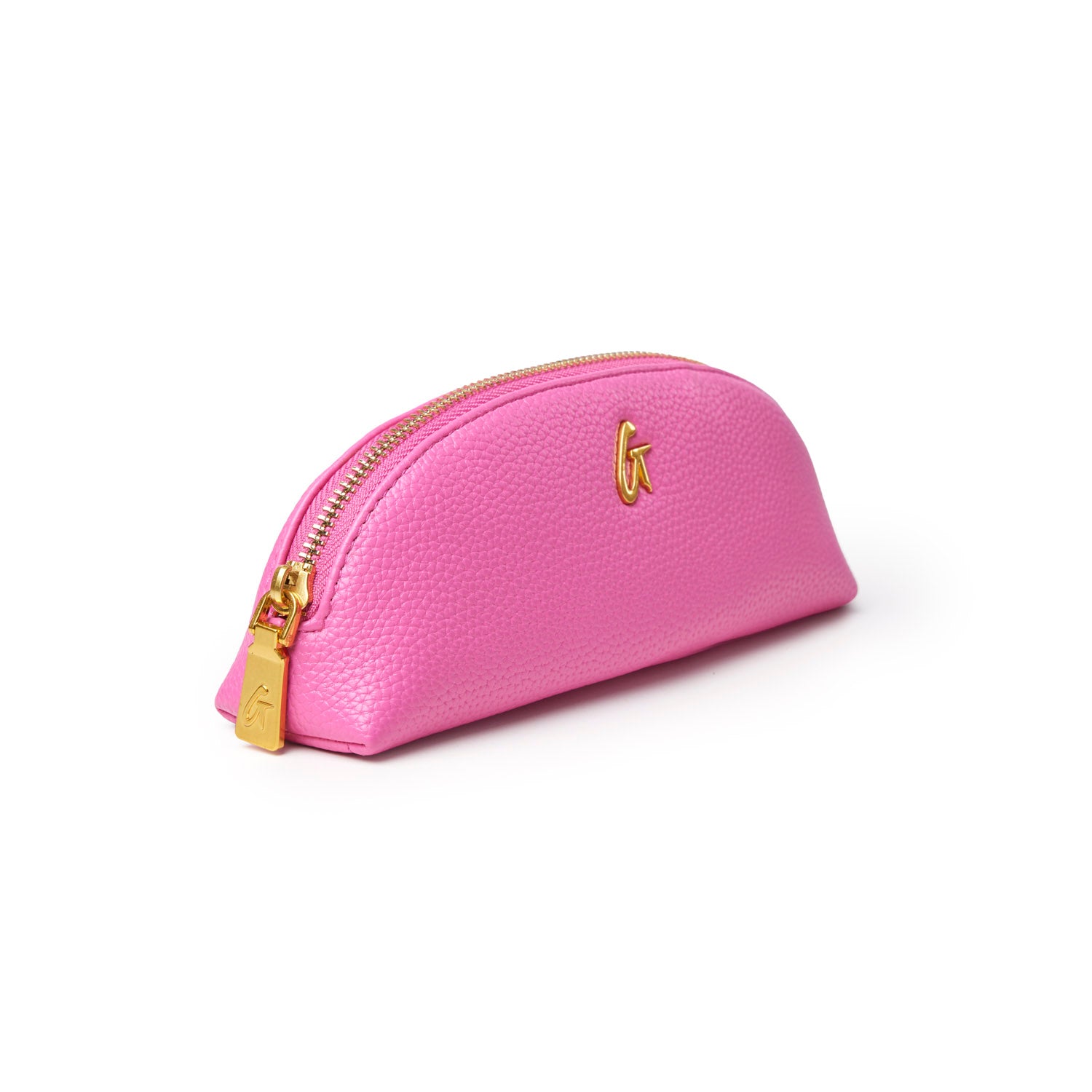 Hot pink pebble pencil pouch with a gold zipper and logo, perfect for stylish organization of writing tools.