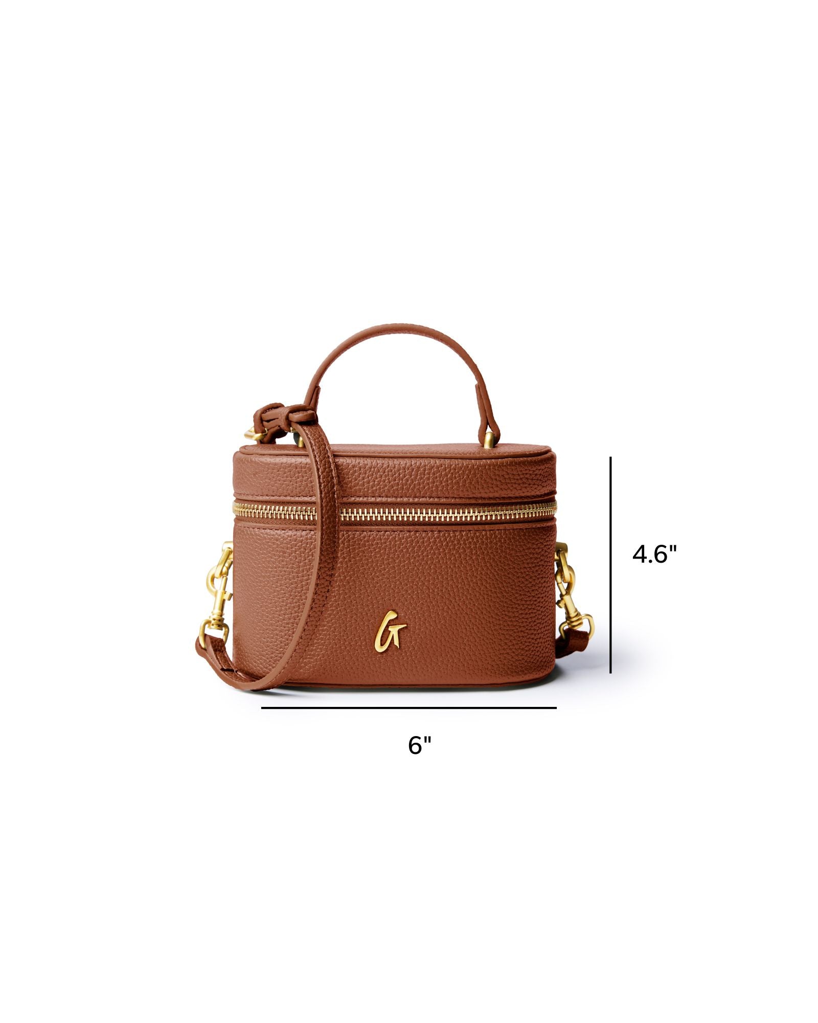 Brown mini pebble vanity bag with gold zippers and a detachable strap, perfect for stylish organization.