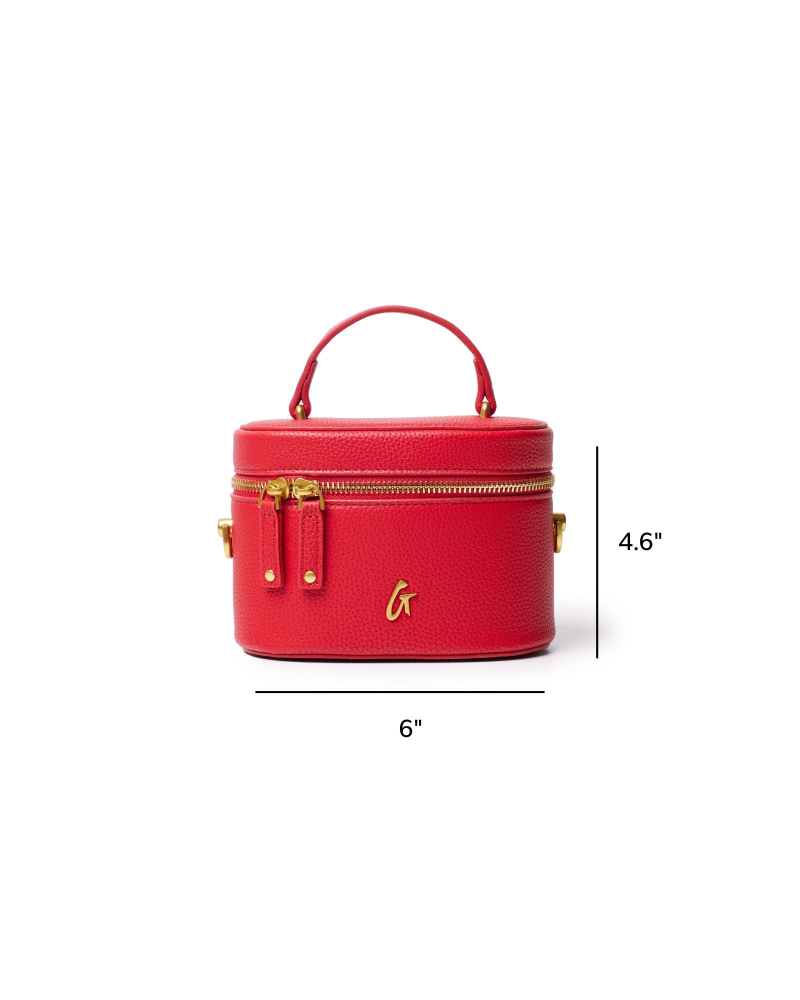 Red mini pebble vanity bag with gold zippers and handle, measuring 6 inches wide and 4.6 inches tall.